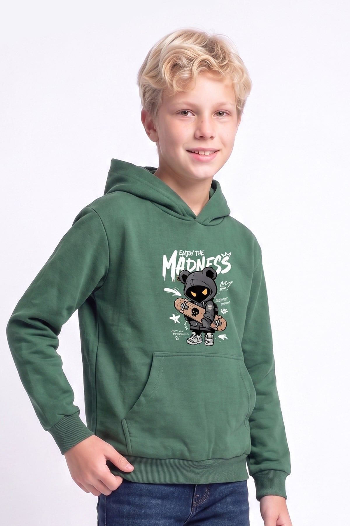 Erkek Çocuk Baskılı Kanguru Cepli Uzun Kollu Kapüşonlu Sweatshirt