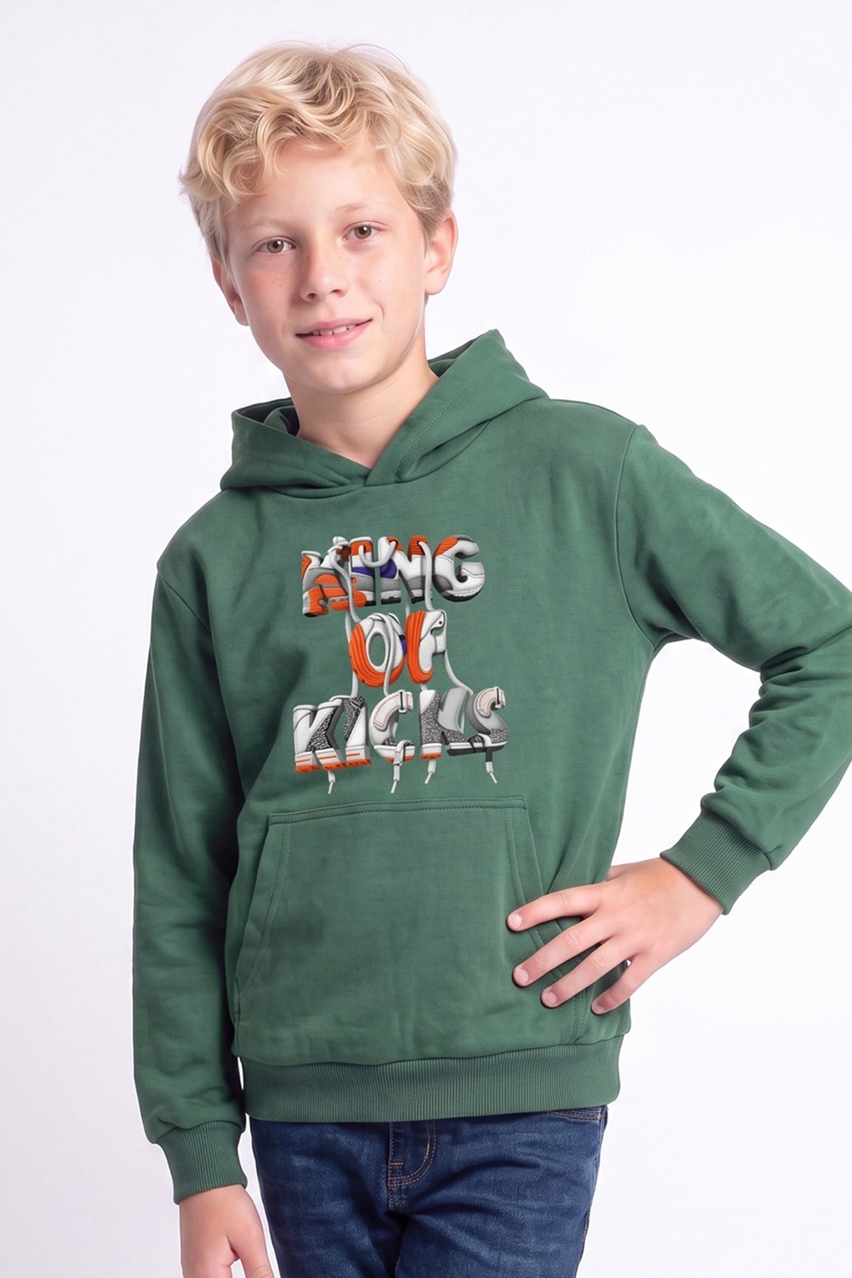 Erkek Çocuk Baskılı Kanguru Cepli Uzun Kollu Kapüşonlu Sweatshirt
