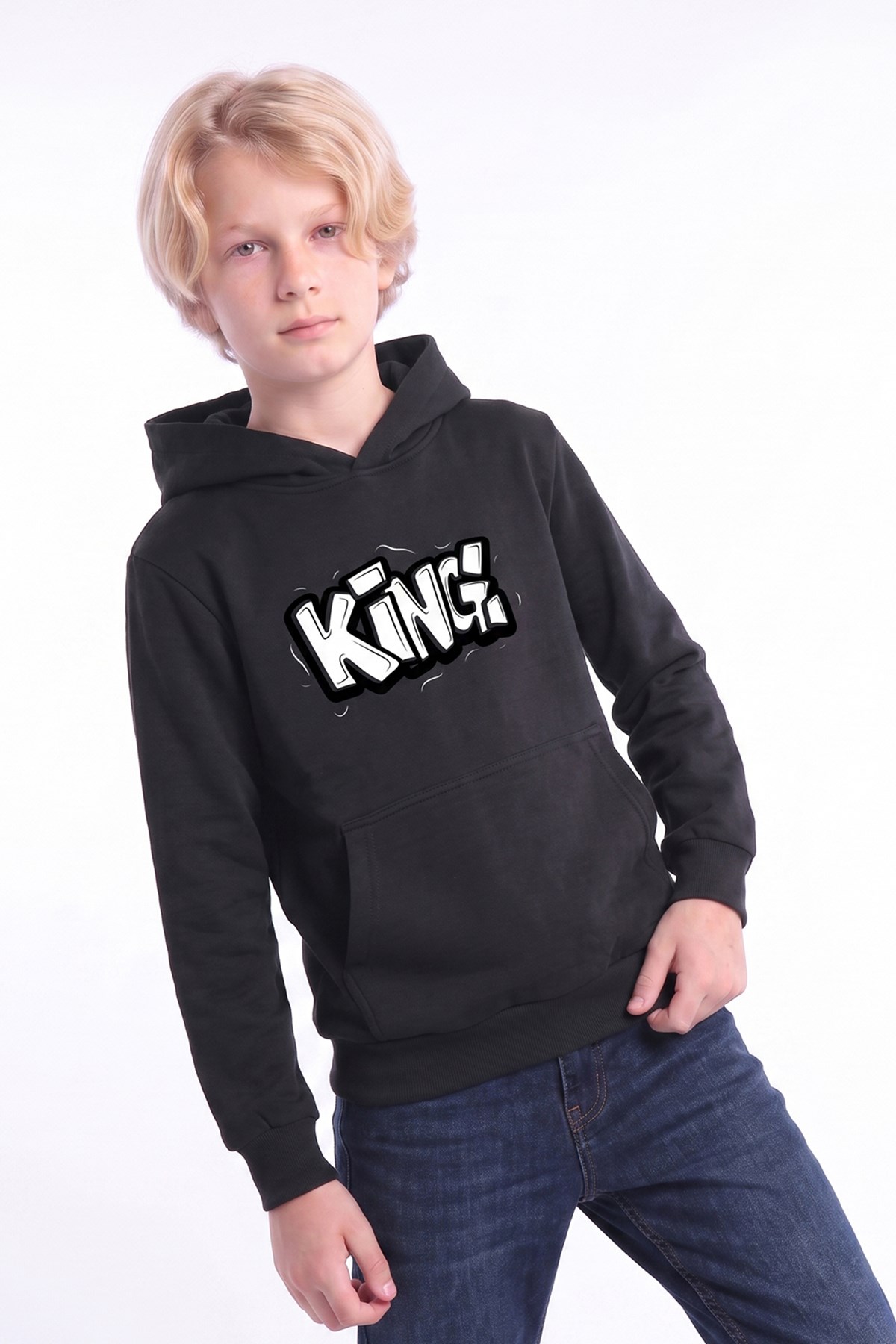 Erkek Çocuk Baskılı Kanguru Cepli Uzun Kollu Kapüşonlu Sweatshirt