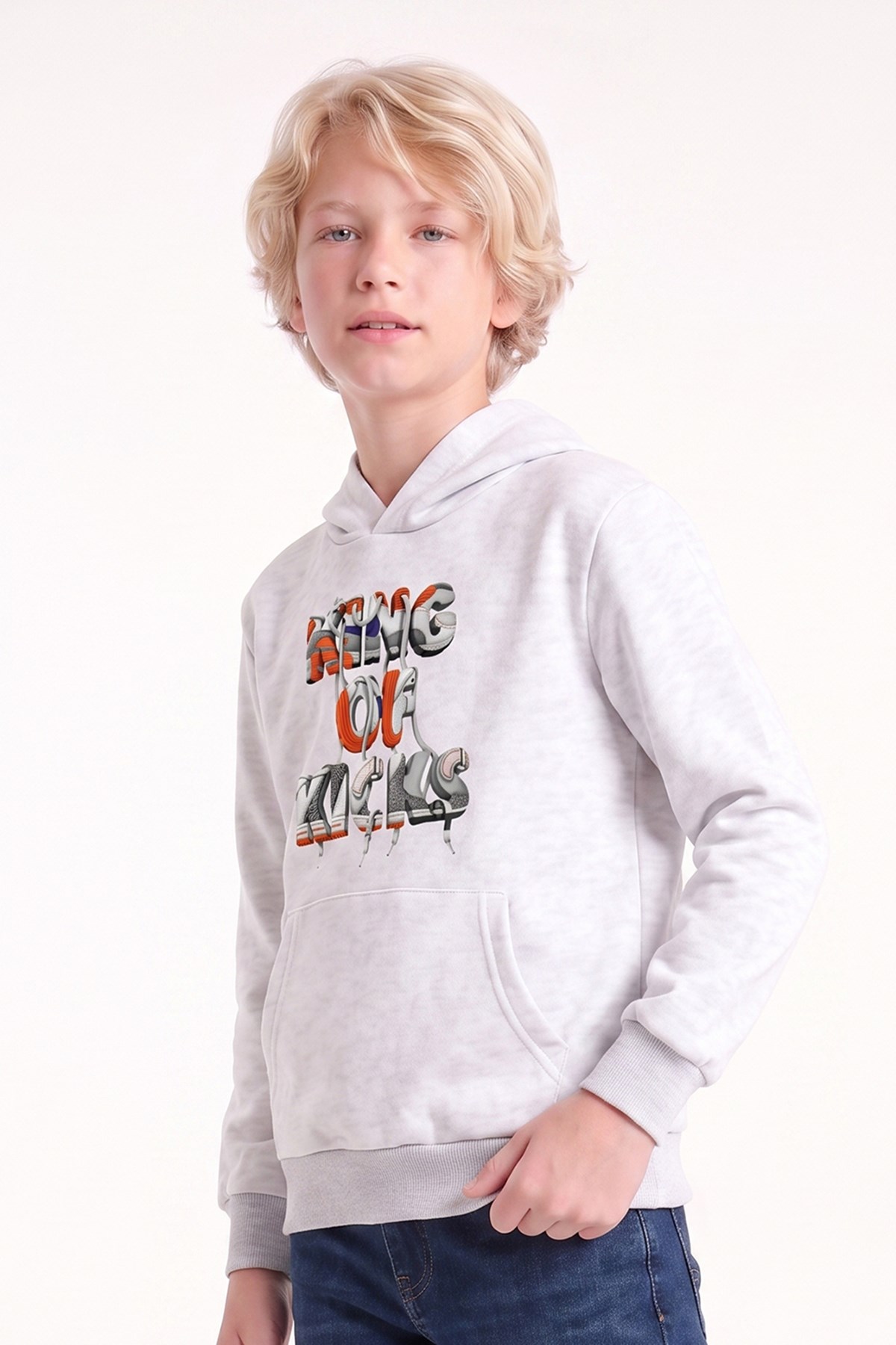 Erkek Çocuk Baskılı Kanguru Cepli Uzun Kollu Kapüşonlu Sweatshirt