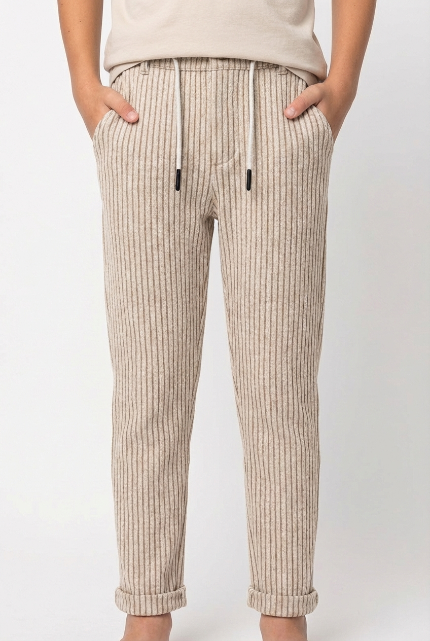 Erkek Çocuk Bej Dikey Çizgili Rahat Kesim Pantolon