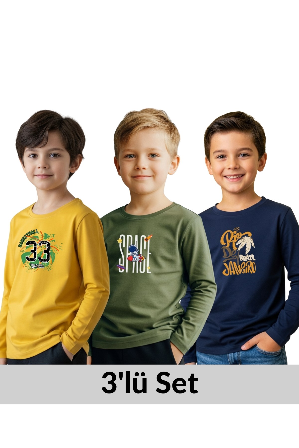 ERKEK ÇOCUK BİSİKLET YAKA BASKI DETAYLI 3'LÜ BASİC SWEATSHİRT