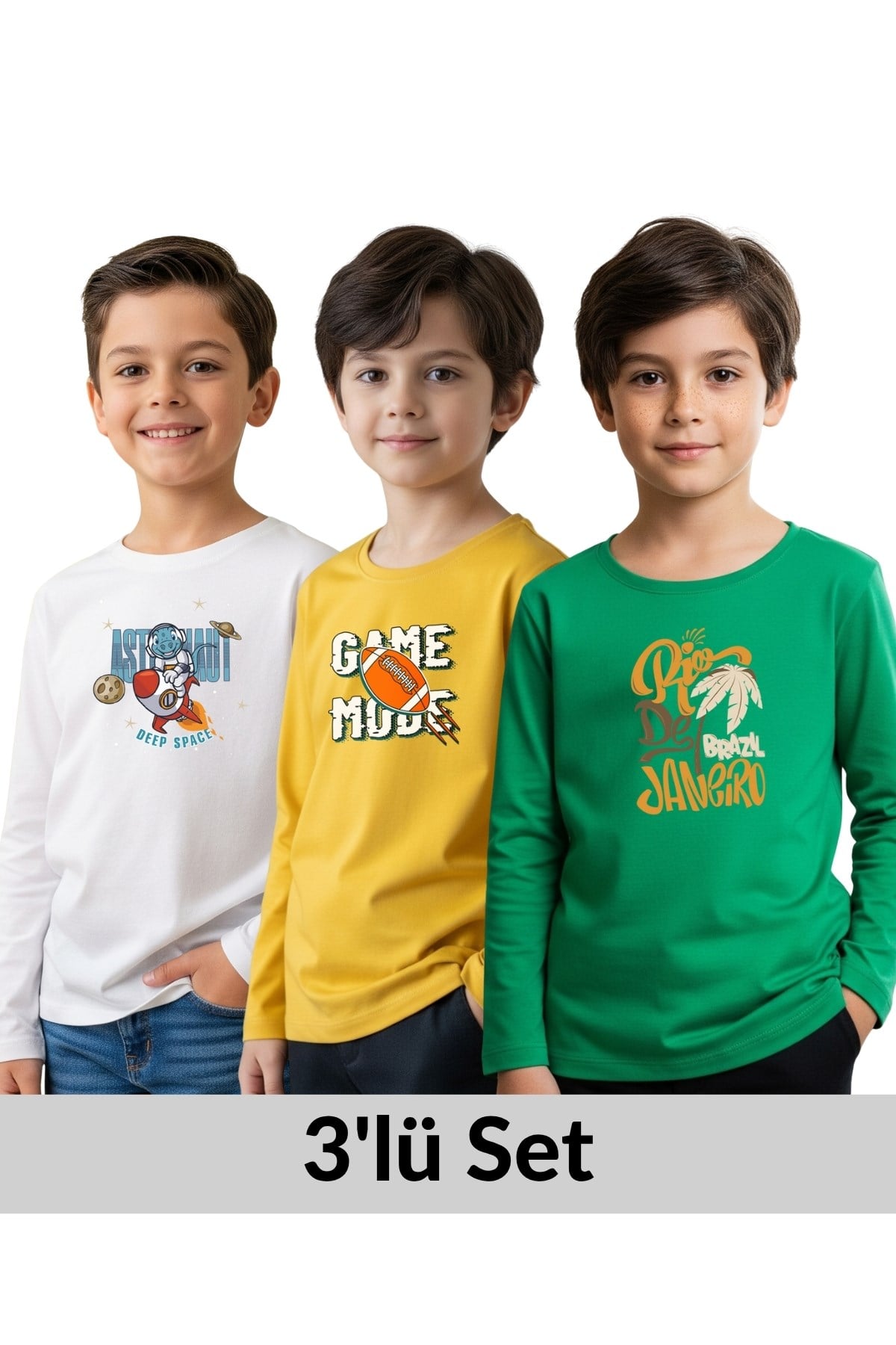 ERKEK ÇOCUK BİSİKLET YAKA BASKI DETAYLI 3'LÜ BASİC SWEATSHİRT