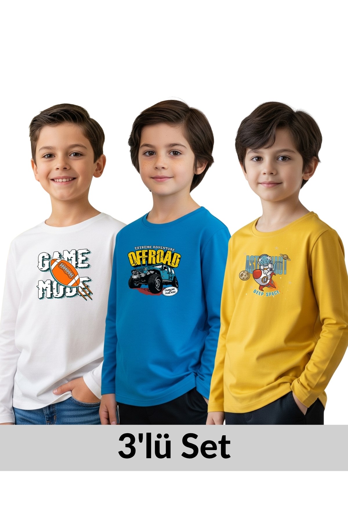 ERKEK ÇOCUK BİSİKLET YAKA BASKI DETAYLI 3'LÜ BASİC SWEATSHİRT