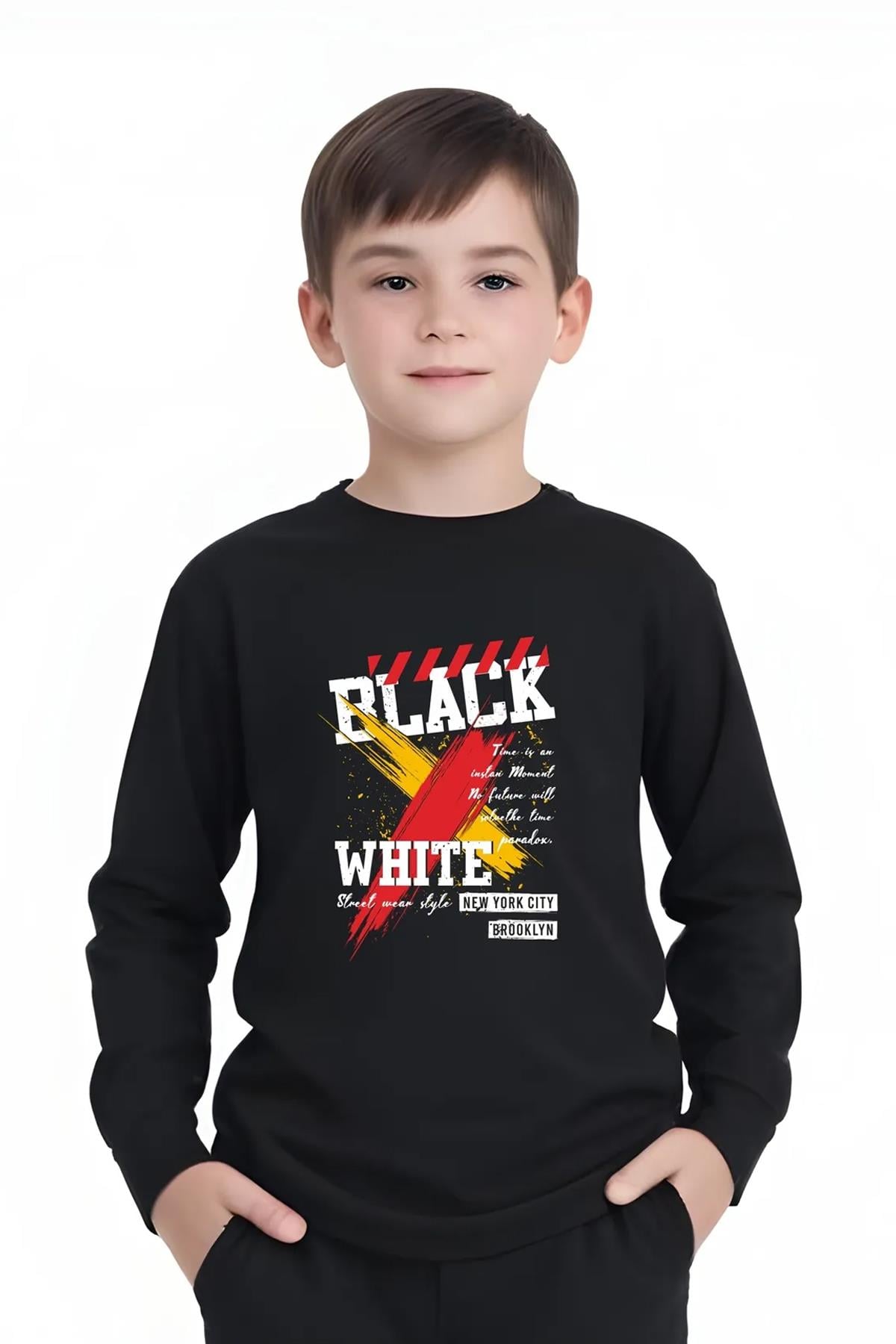 ERKEK ÇOCUK BLACK YAZI BASKILI YUVARLAK YAKA SWEATSHİRT