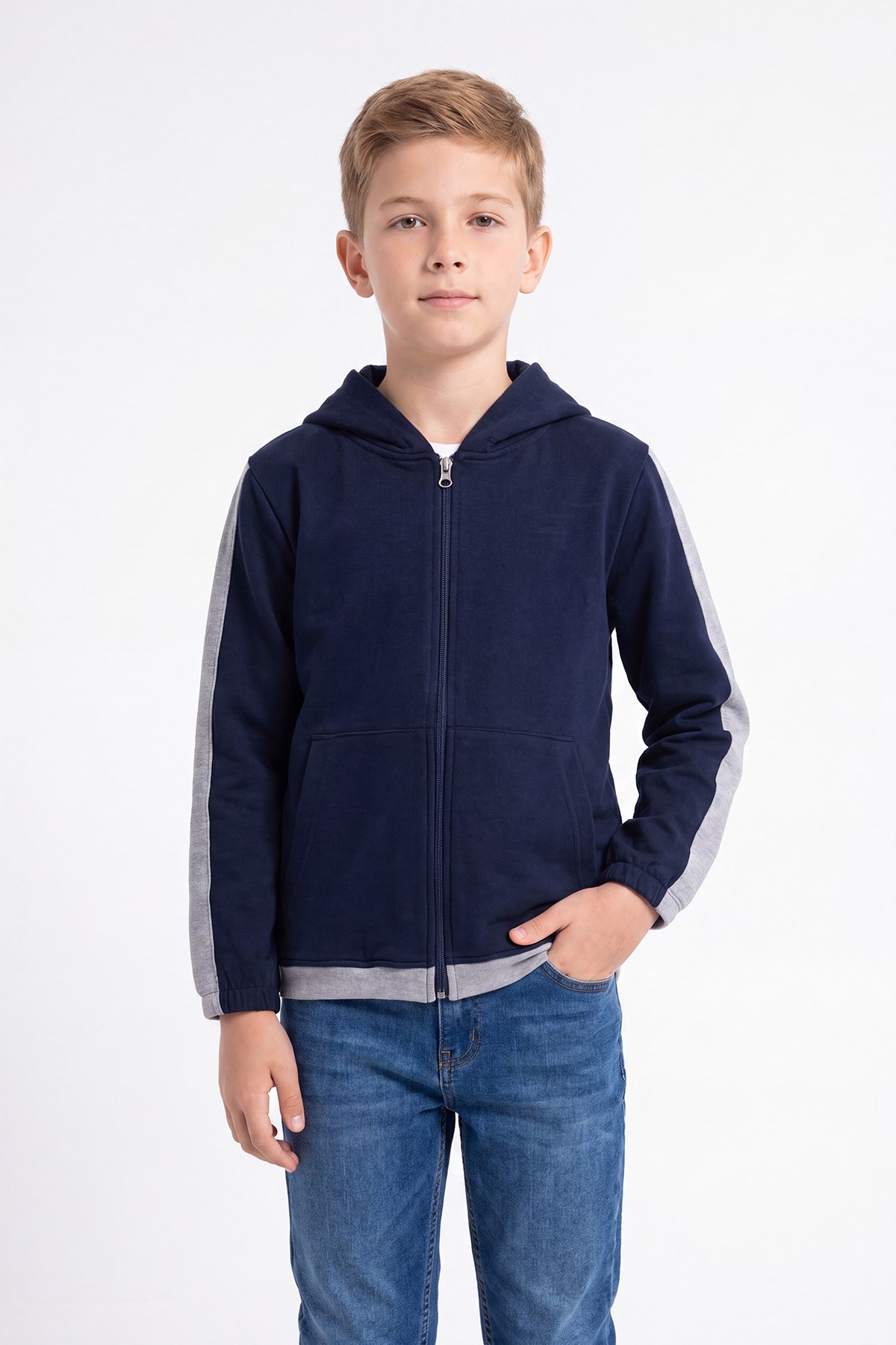 Erkek Çocuk Şerit Detaylı Fermuarlı Kapüşonlu Sweatshirt