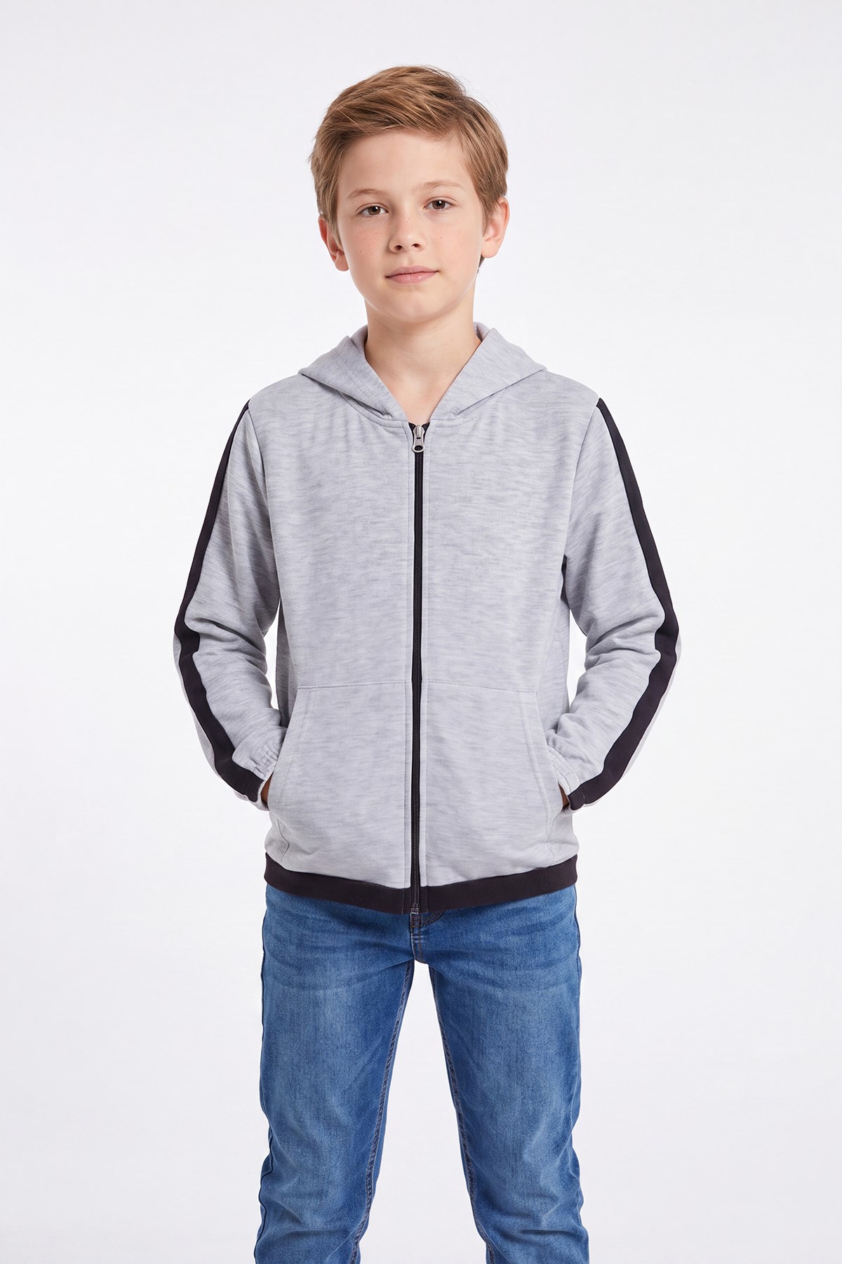 Erkek Çocuk Şerit Detaylı Fermuarlı Kapüşonlu Sweatshirt