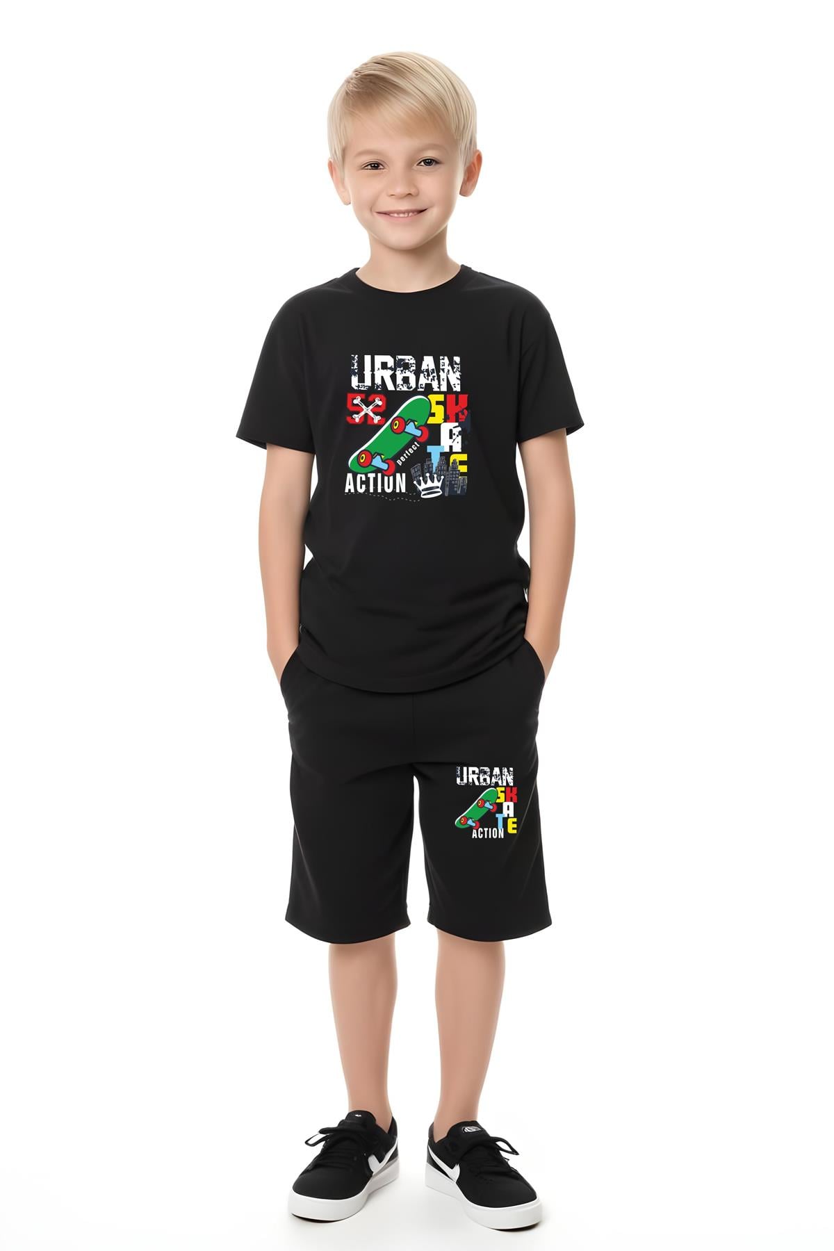 ERKEK ÇOCUK TİŞÖRT-ŞORT URBAN SKATE BASKILI ALT-ÜST TAKIM