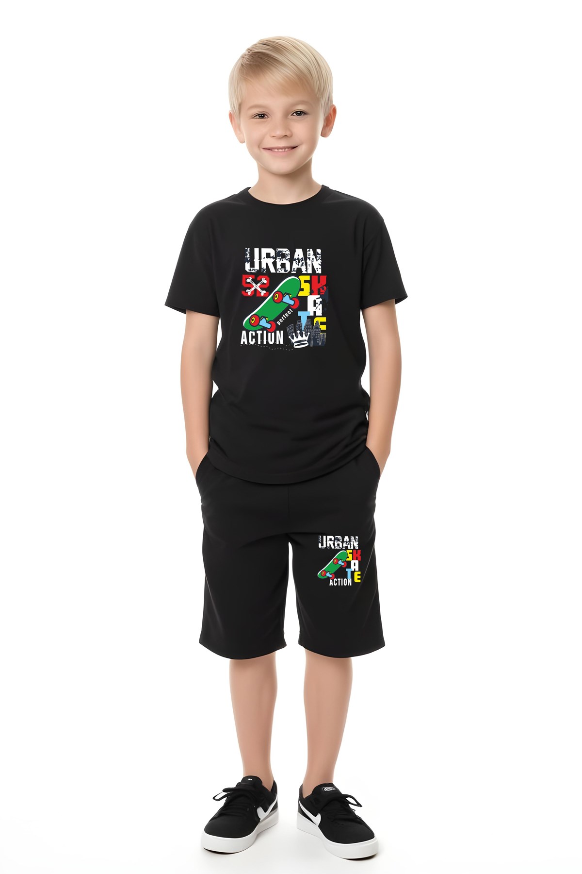 ERKEK ÇOCUK TİŞÖRT-ŞORT URBAN SKATE BASKILI ALT-ÜST TAKIM