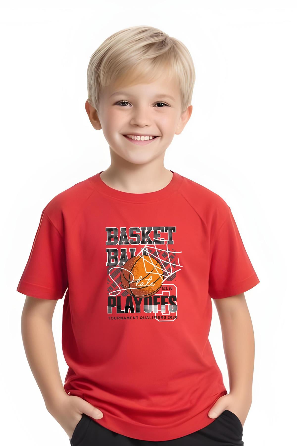 ERKEK ÇOCUK YUVARLAK YAKA BASKETBALL BASKILI T-SHİRT