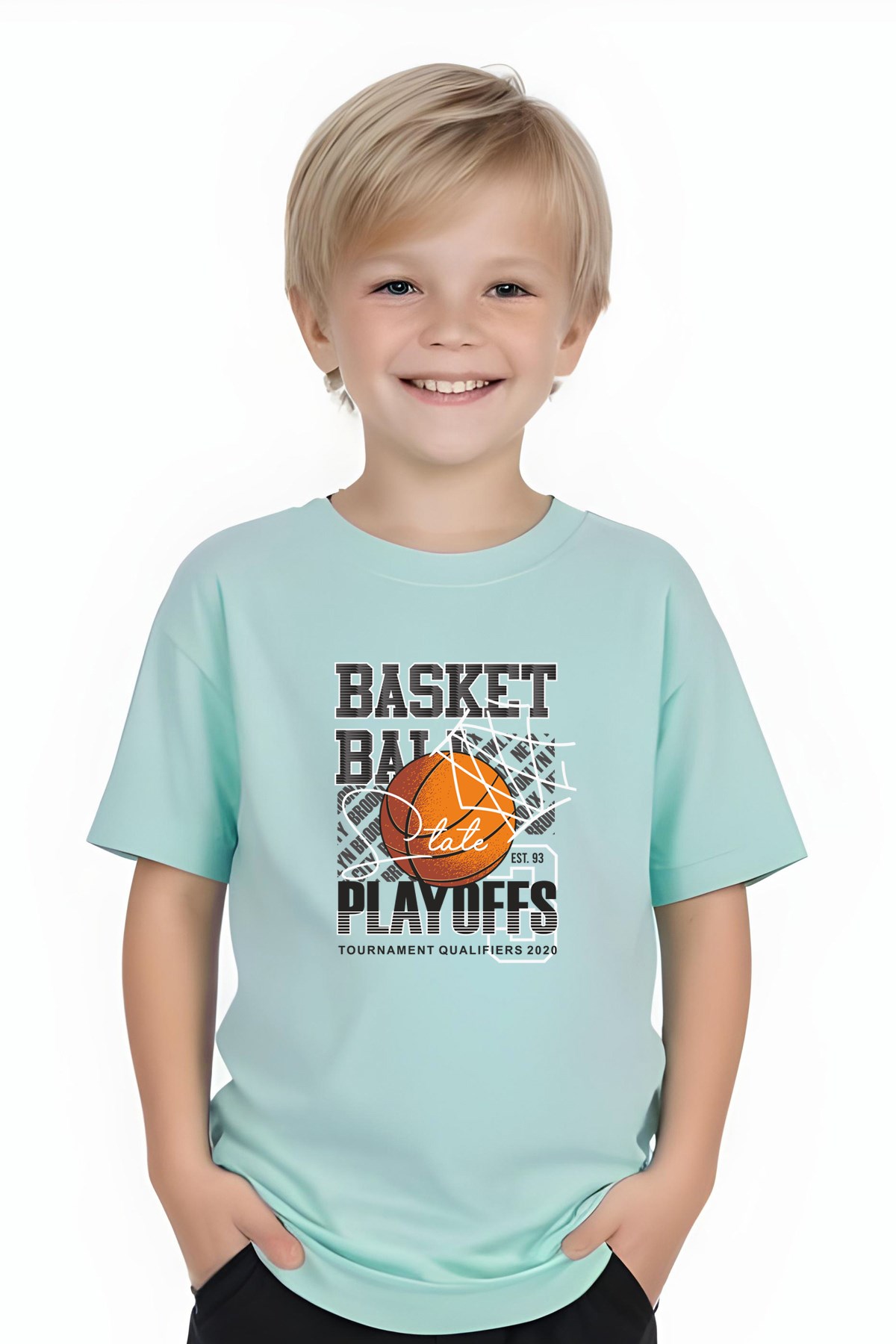 ERKEK ÇOCUK YUVARLAK YAKA BASKETBALL BASKILI T-SHİRT