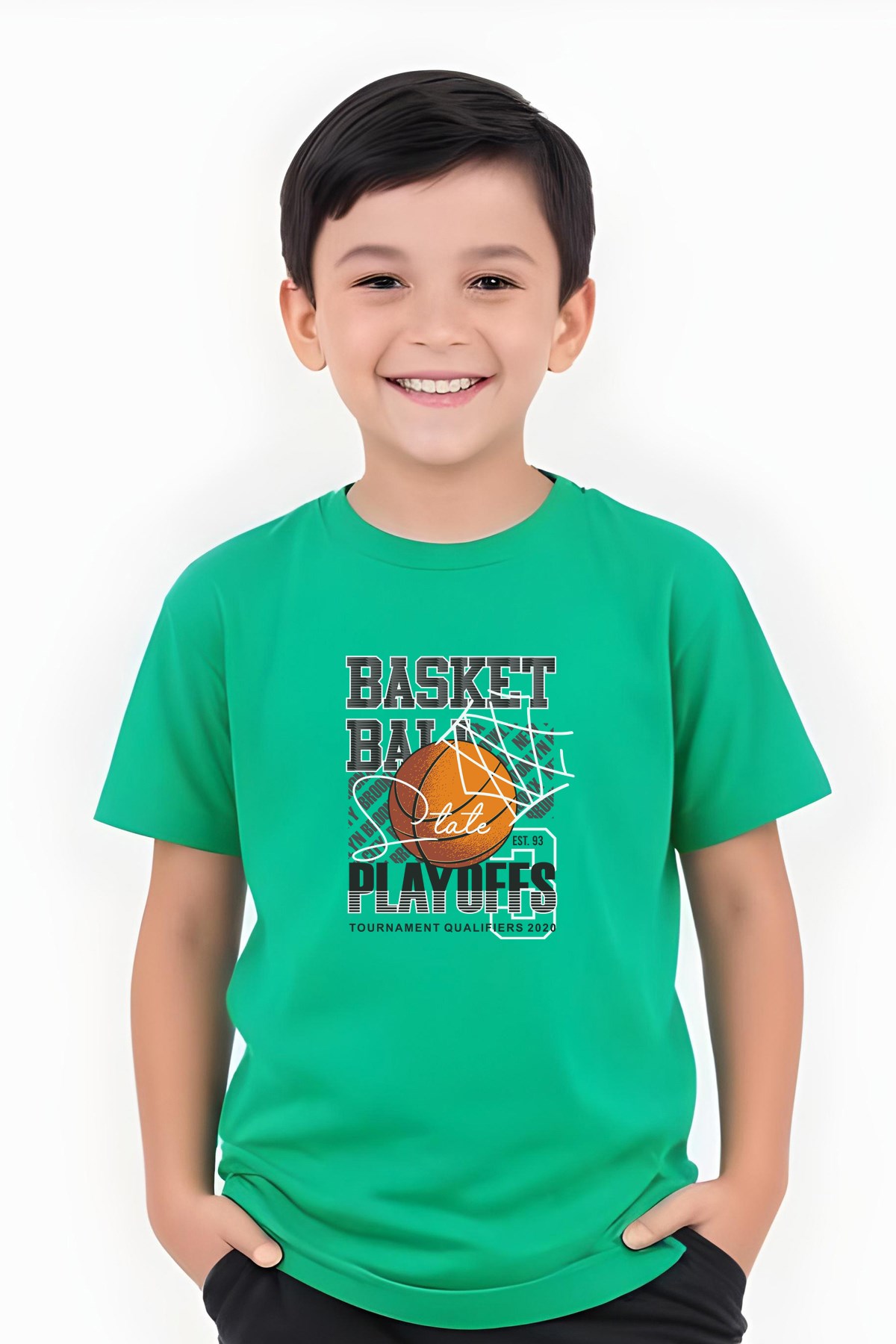 ERKEK ÇOCUK YUVARLAK YAKA BASKETBALL BASKILI T-SHİRT
