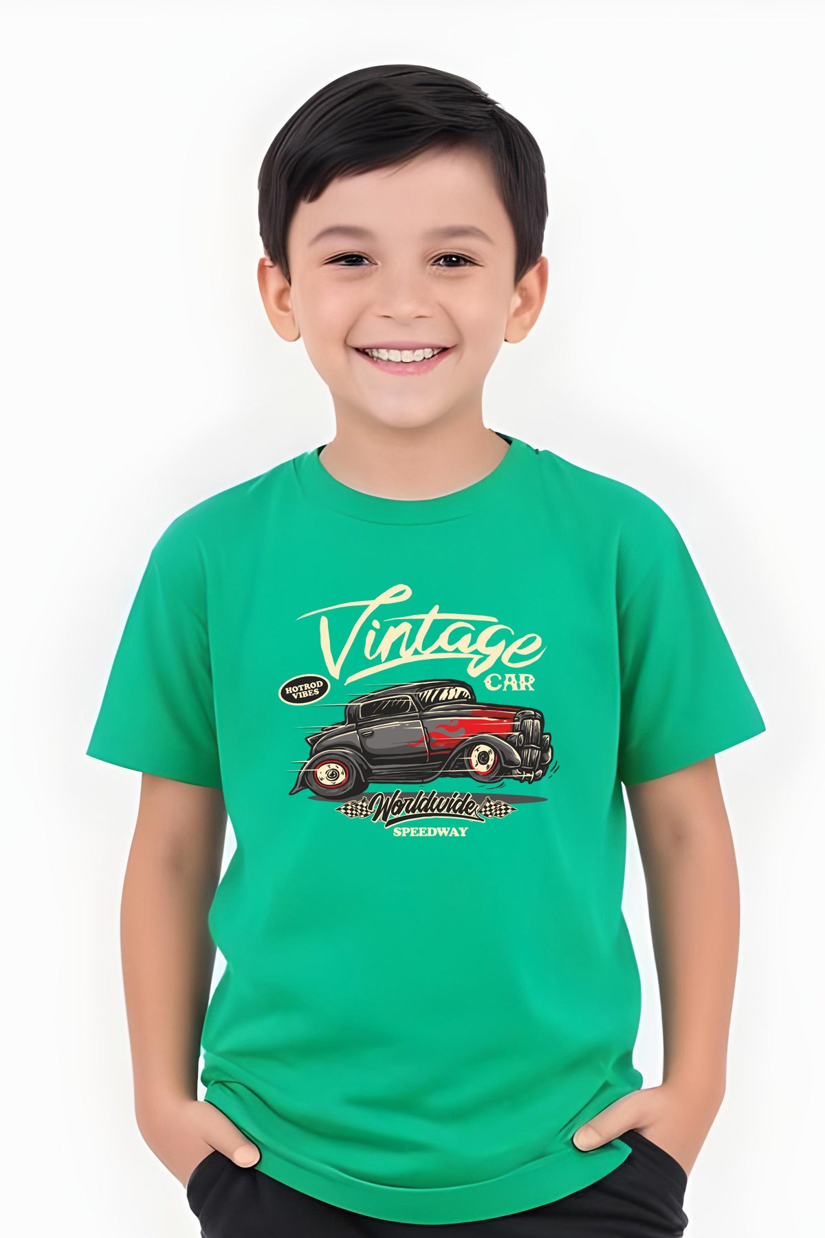 ERKEK ÇOCUK YUVARLAK YAKA İNTAGE CAR BASKILI T-SHİRT