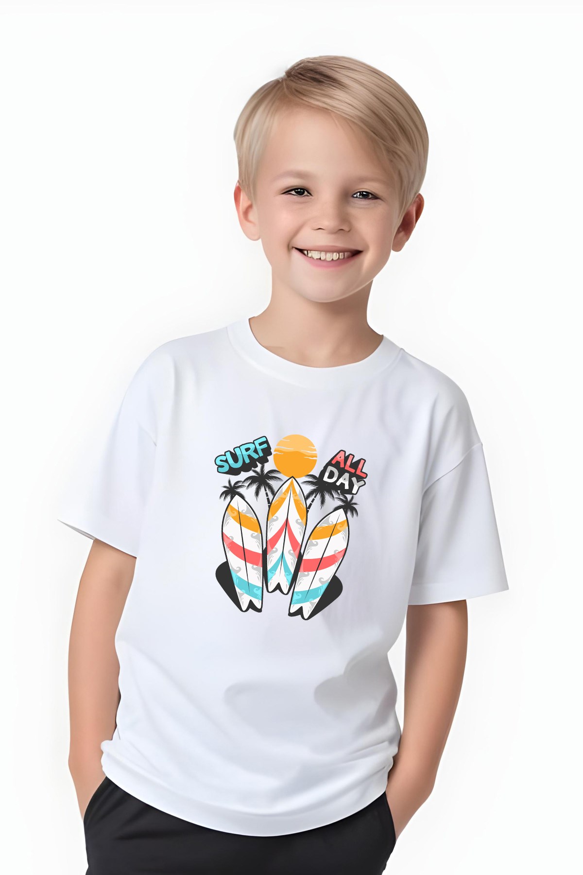 ERKEK ÇOCUK YUVARLAK YAKA SURF ALL DAY BASKILI T-SHİRT