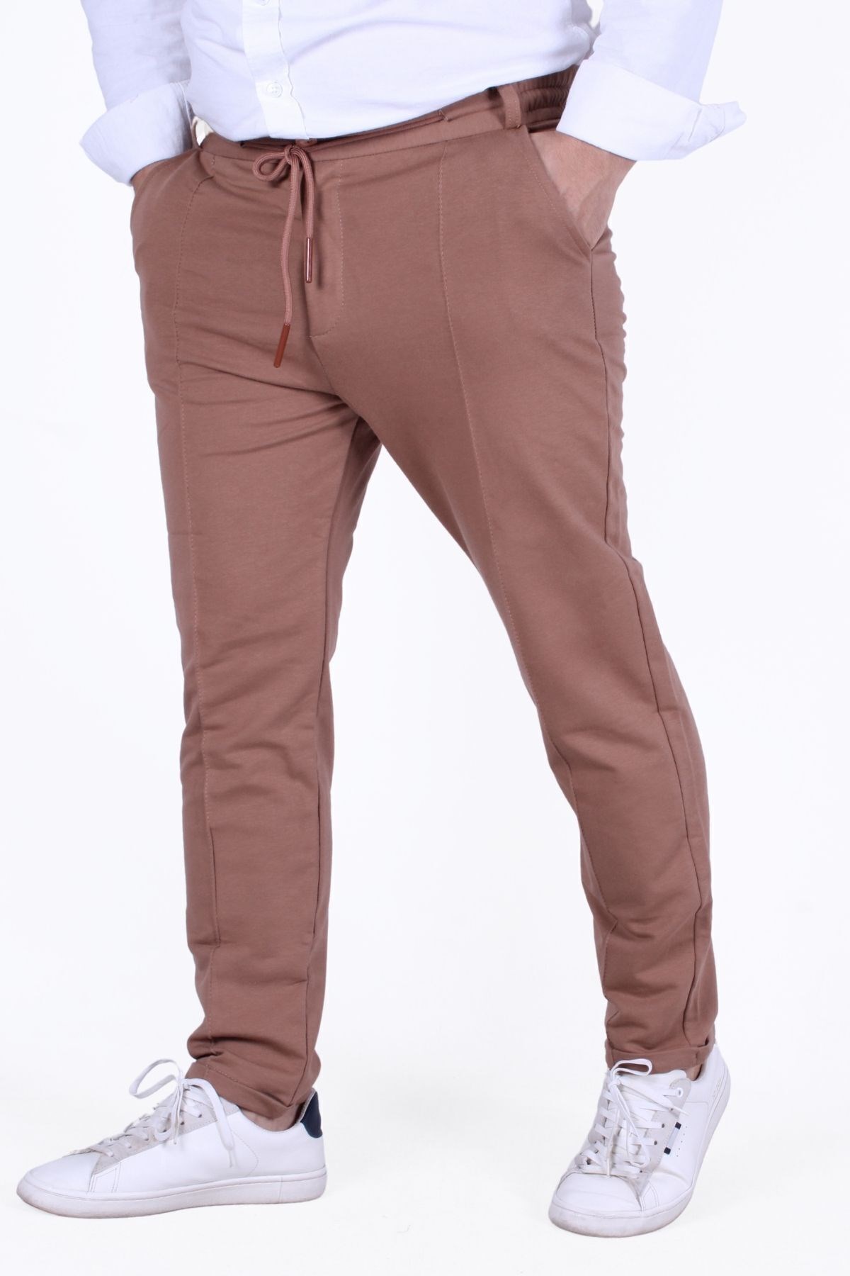 ERKEK PANTALON ÖRME KUMAŞ  ÇİZGİ DETAY KUŞAKLI-LASTİKLİ BEL DETAYLI