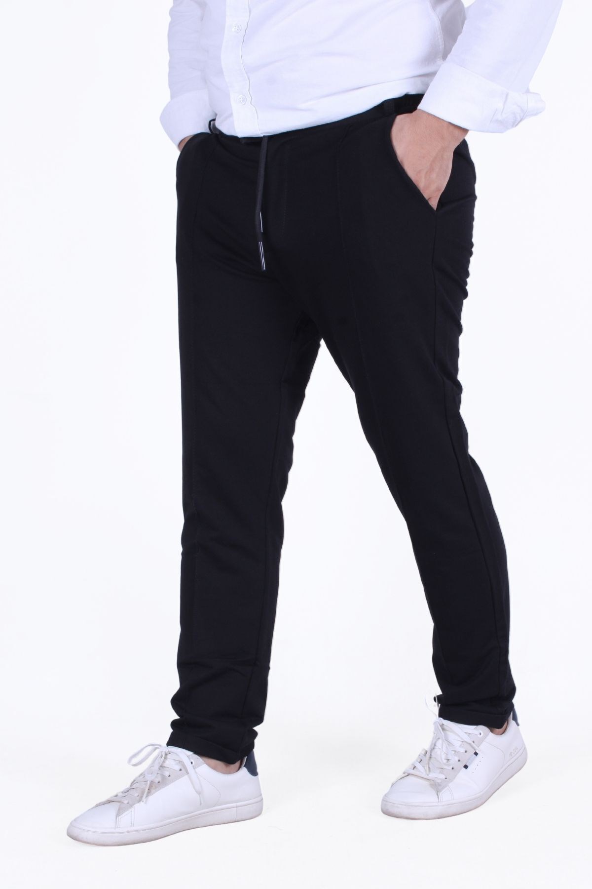 ERKEK PANTALON ÖRME KUMAŞ  ÇİZGİ DETAY KUŞAKLI-LASTİKLİ BEL DETAYLI