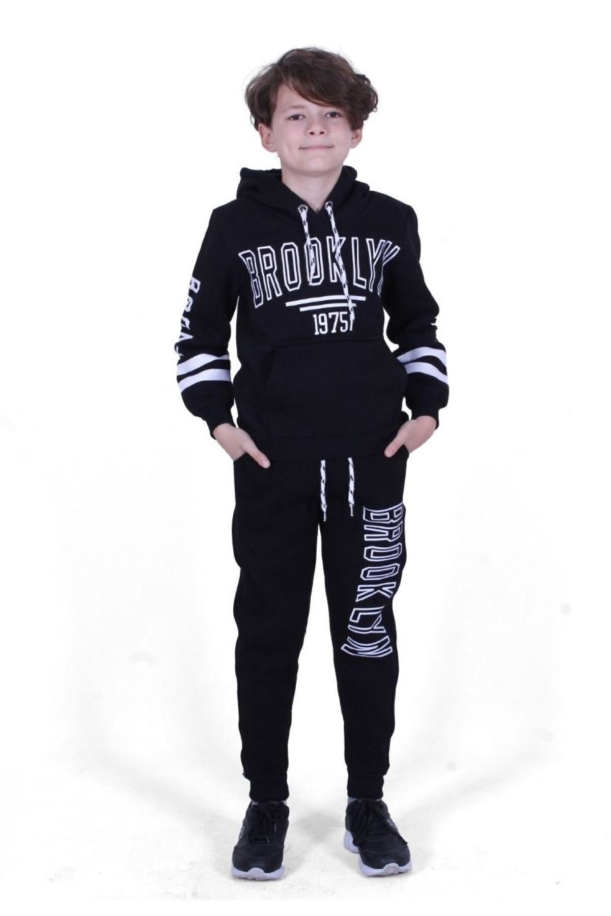 Fyk Kids 3 Iplik, Kalın,içi Polarlı, Broxlyn Yazı Baskılı, Kapüşonlu Erkek Çocuk Eşofman Takımı