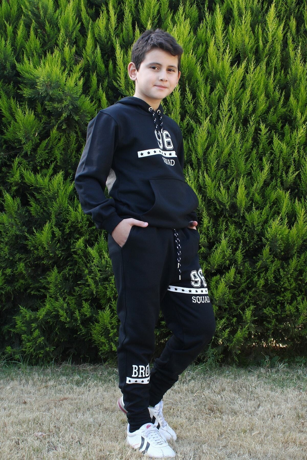 Fyk Kids 96 Yazı Baskılı Kanguru Cepli Kapşonlu Erkek Çocuk Alt-üst Eşofman Takımı
