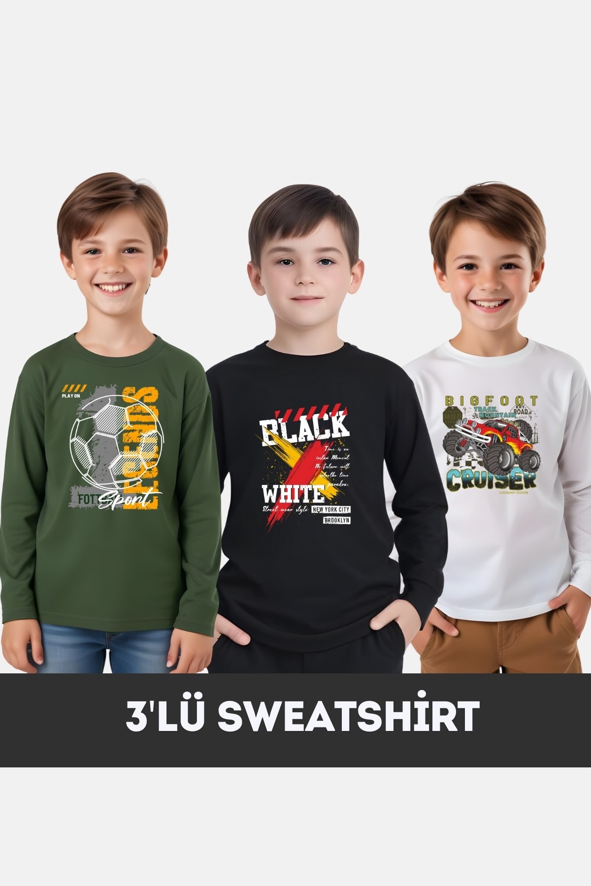 FYK  KİDS ERKEK ÇOCUK BİSİKLET YAKA 3'LÜ BASİC SWEATSHİRT