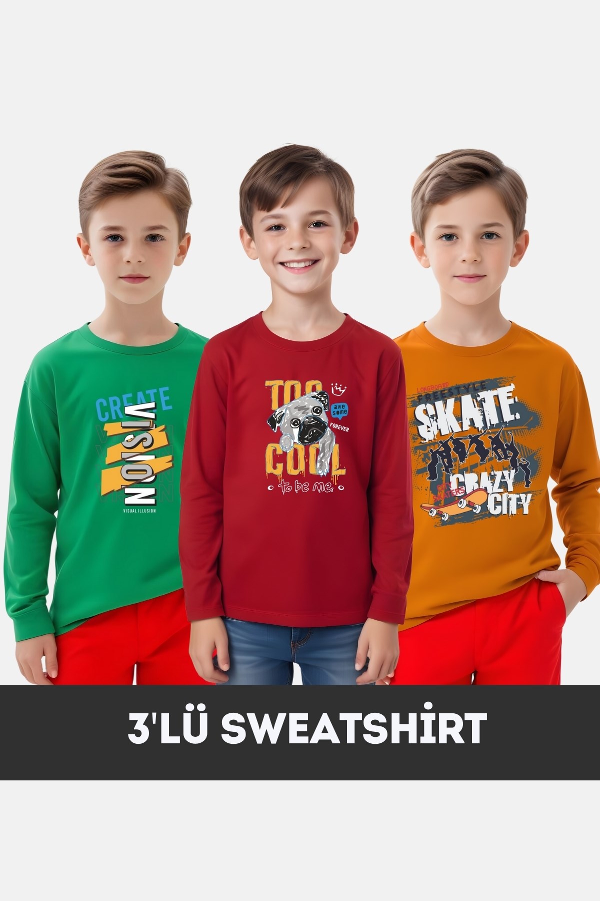 FYK  KİDS ERKEK ÇOCUK BİSİKLET YAKA 3'LÜ BASİC SWEATSHİRT