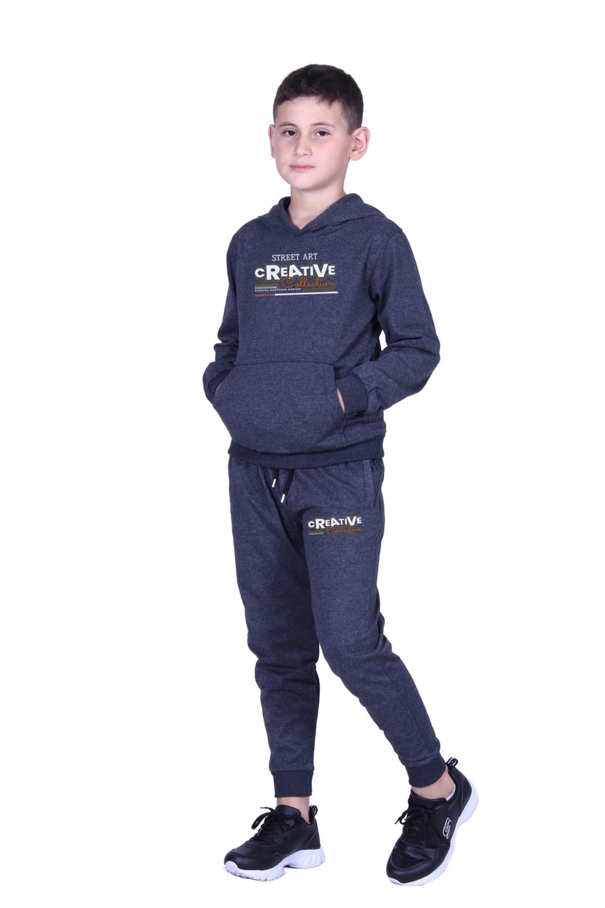 FYK KİDS KAPÜŞONLU KANGURU CEPLİ CREATİVE YAZI BASKILI ERKEK ÇOCUK EŞOFMAN TAKIMI