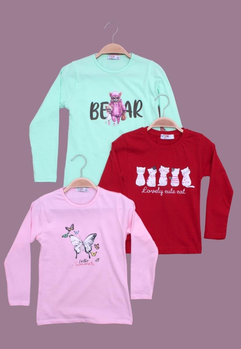 FYK KİDS Kız Çocuk Uzun Kol Basic 3'lü Sweatshirt