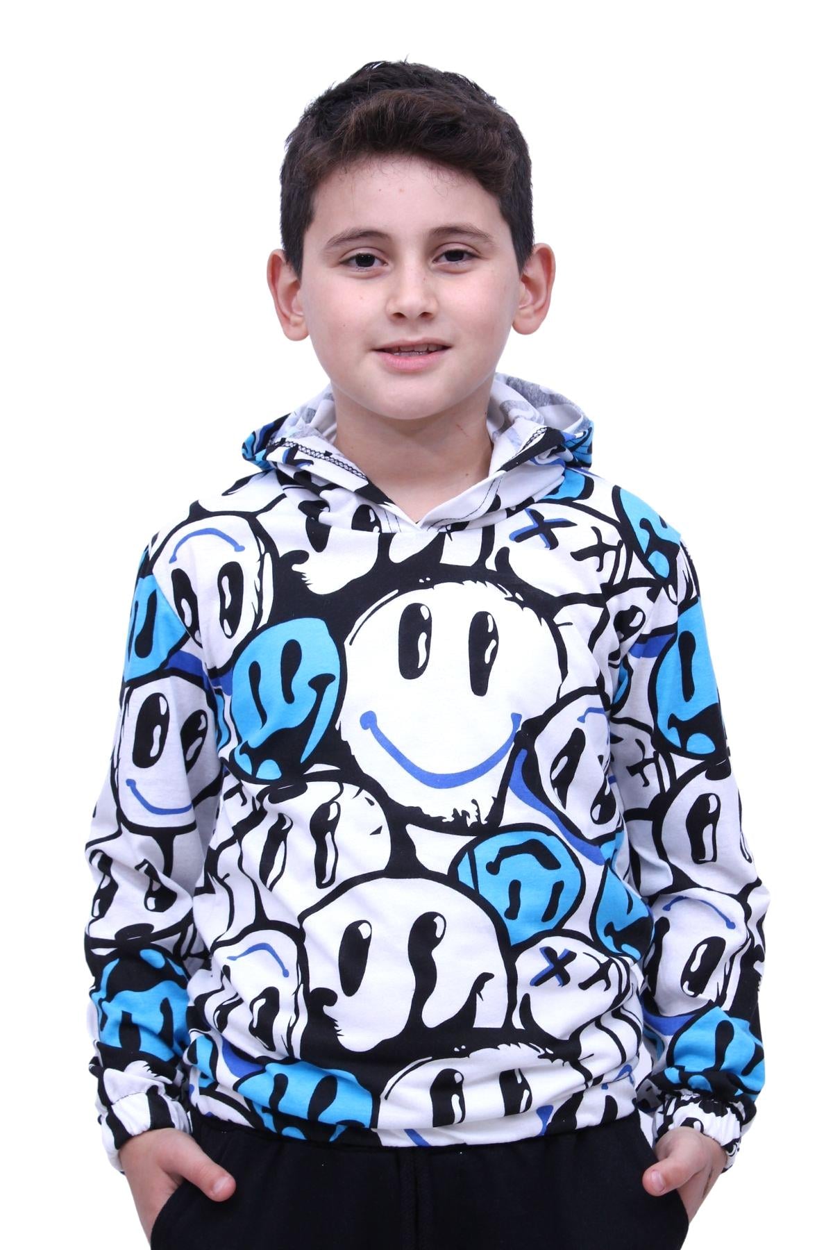 Gülen Yüz Desenli Kapüşonlu Unisex Sweatshirt 2 İPLİK