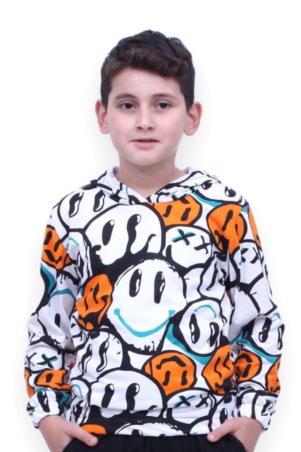 Gülen Yüz Desenli Kapüşonlu Unisex Sweatshirt 2 İPLİK