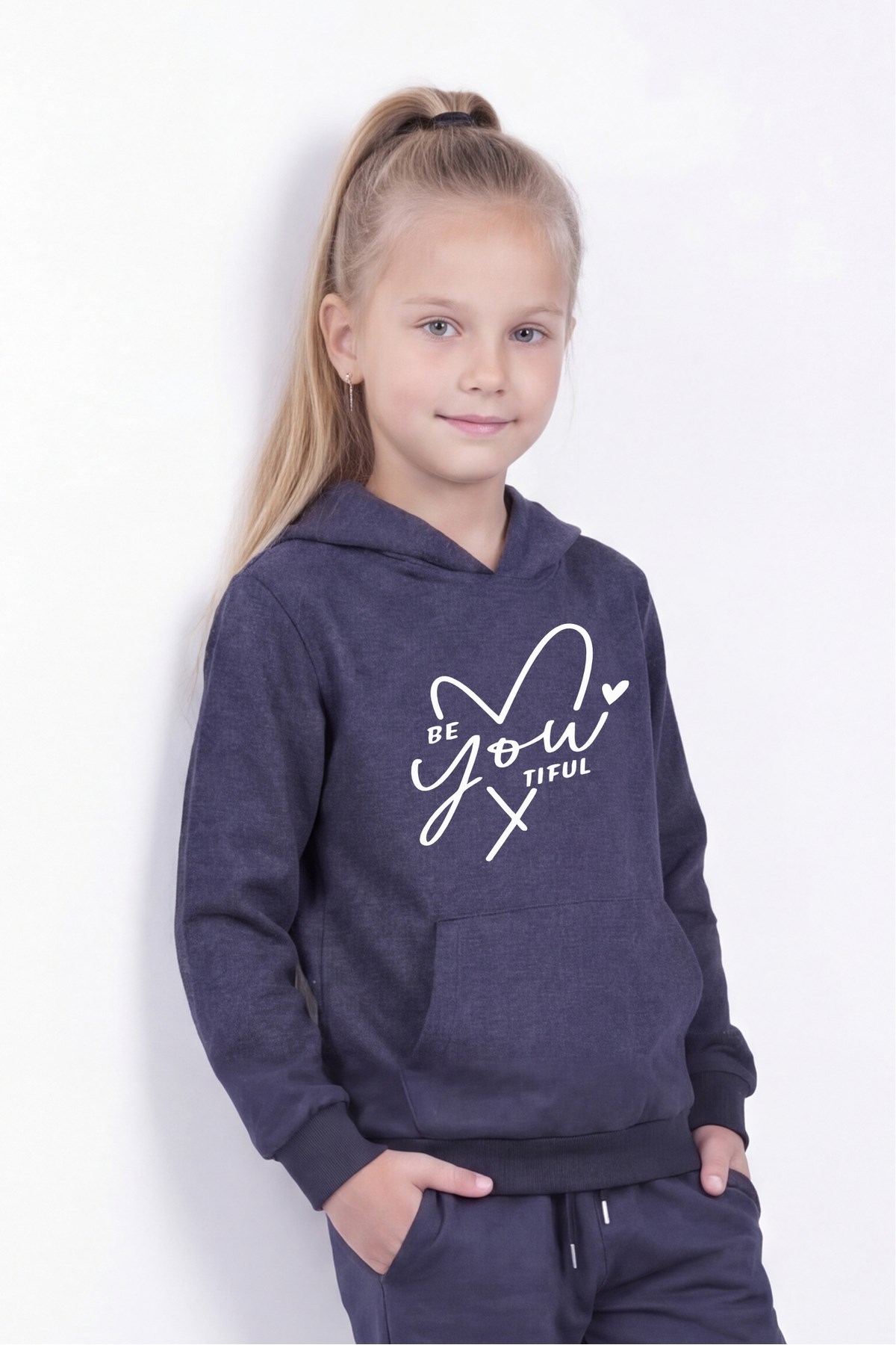 Kanguru Cepli Kapüşonlu Baskı Detaylı Kız Çocuk Sweatshirt