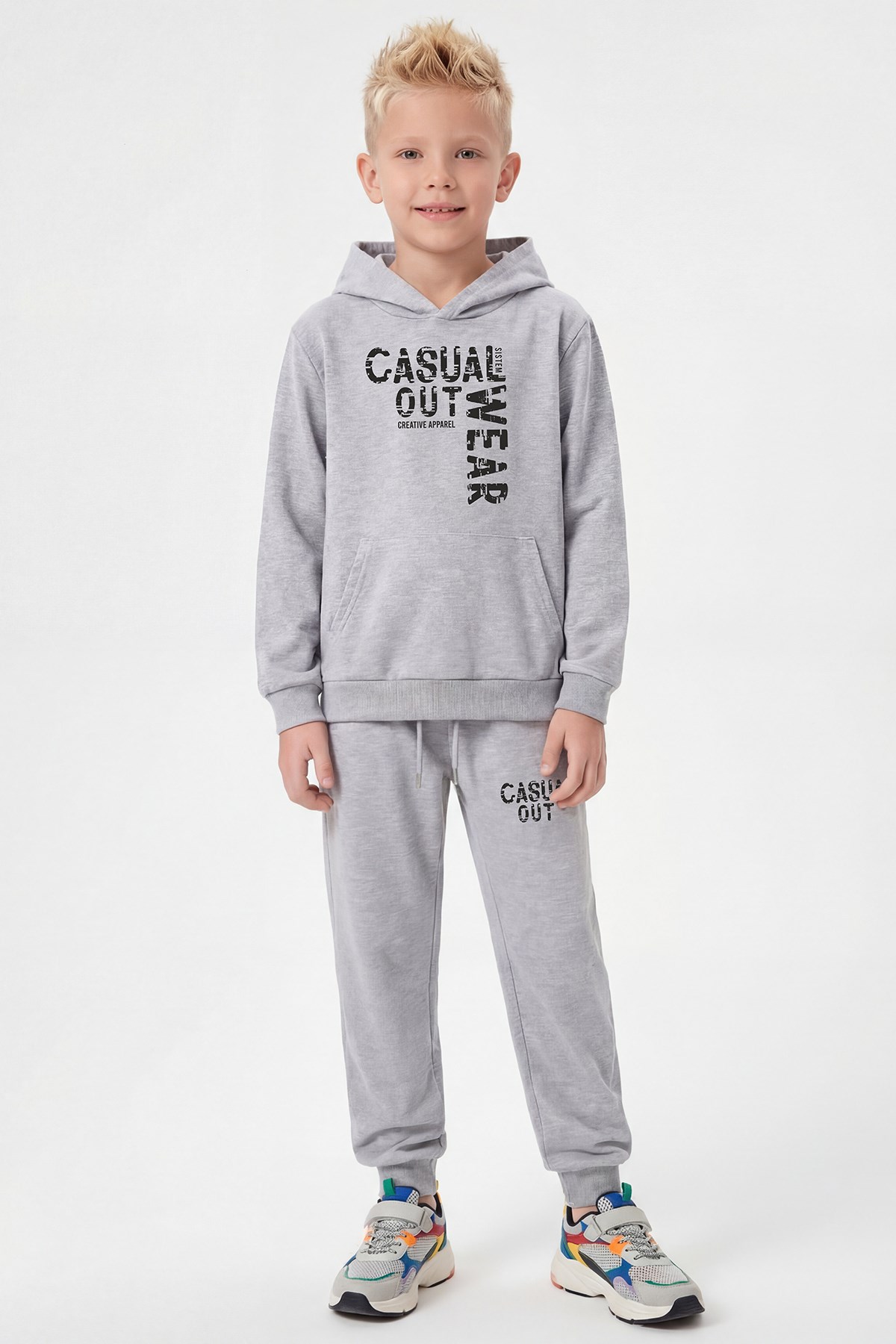 Kanguru Cepli Kapüşonlu Casual Wear Baskı Detaylı Erkek Çocuk Eşofman Takımı