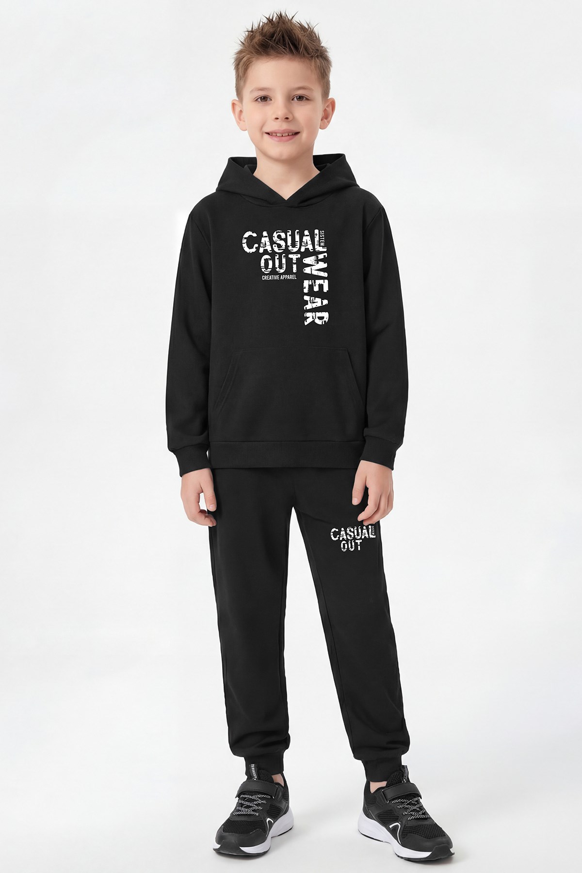 Kanguru Cepli Kapüşonlu Casual Wear Baskı Detaylı Erkek Çocuk Eşofman Takımı