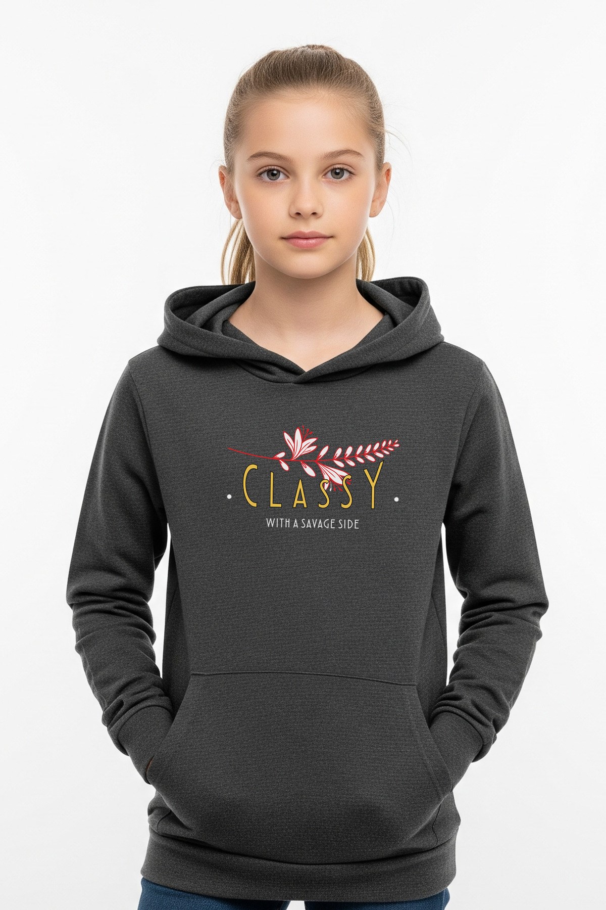 KANGURU CEPLİ KAPÜŞONLU KIZ ÇOCUK SWEATSHİRT CLASSY YAZI BASKILI