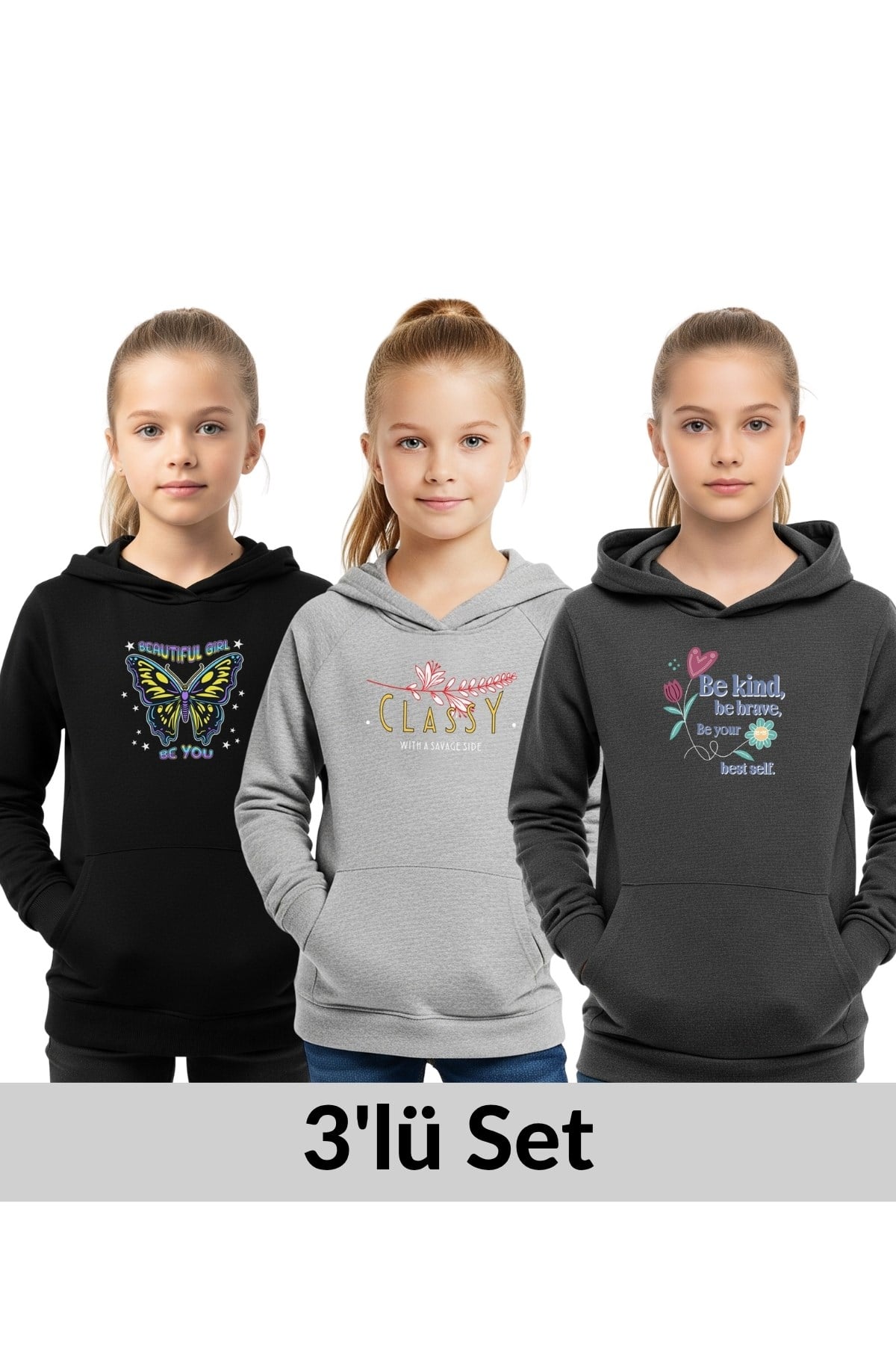 KAPÜŞONLU 3'lü KIZ ÇOCUK SWEATSHİRT CEP DETAYLI-BASKILI