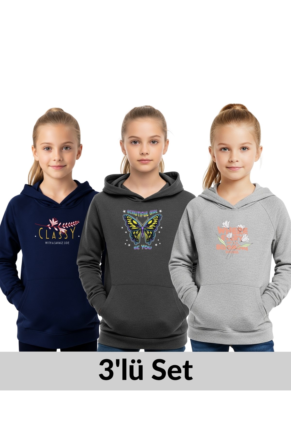 KAPÜŞONLU 3'lü KIZ ÇOCUK SWEATSHİRT CEP DETAYLI-BASKILI