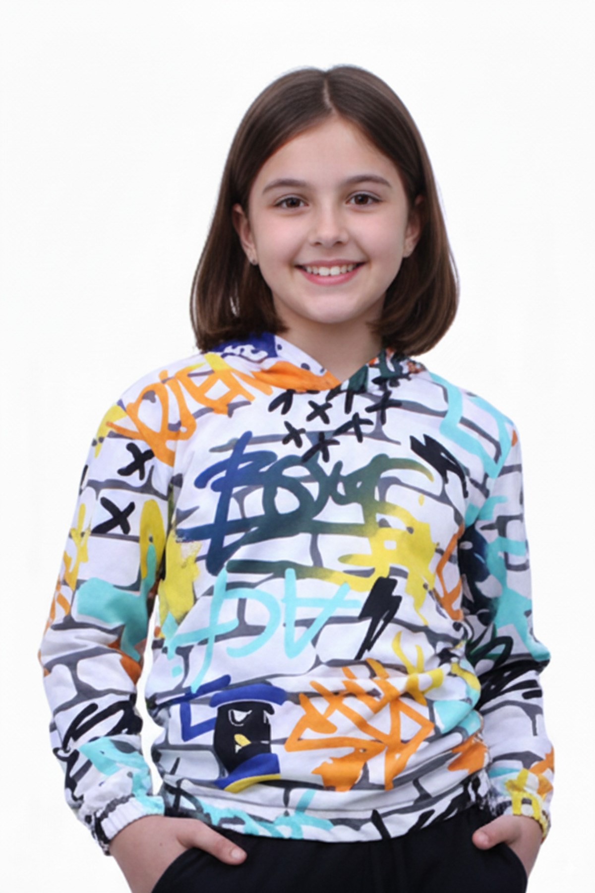 KAPÜŞONLU DESENLİ KIZ ÇOCUK SWEATSHİRT