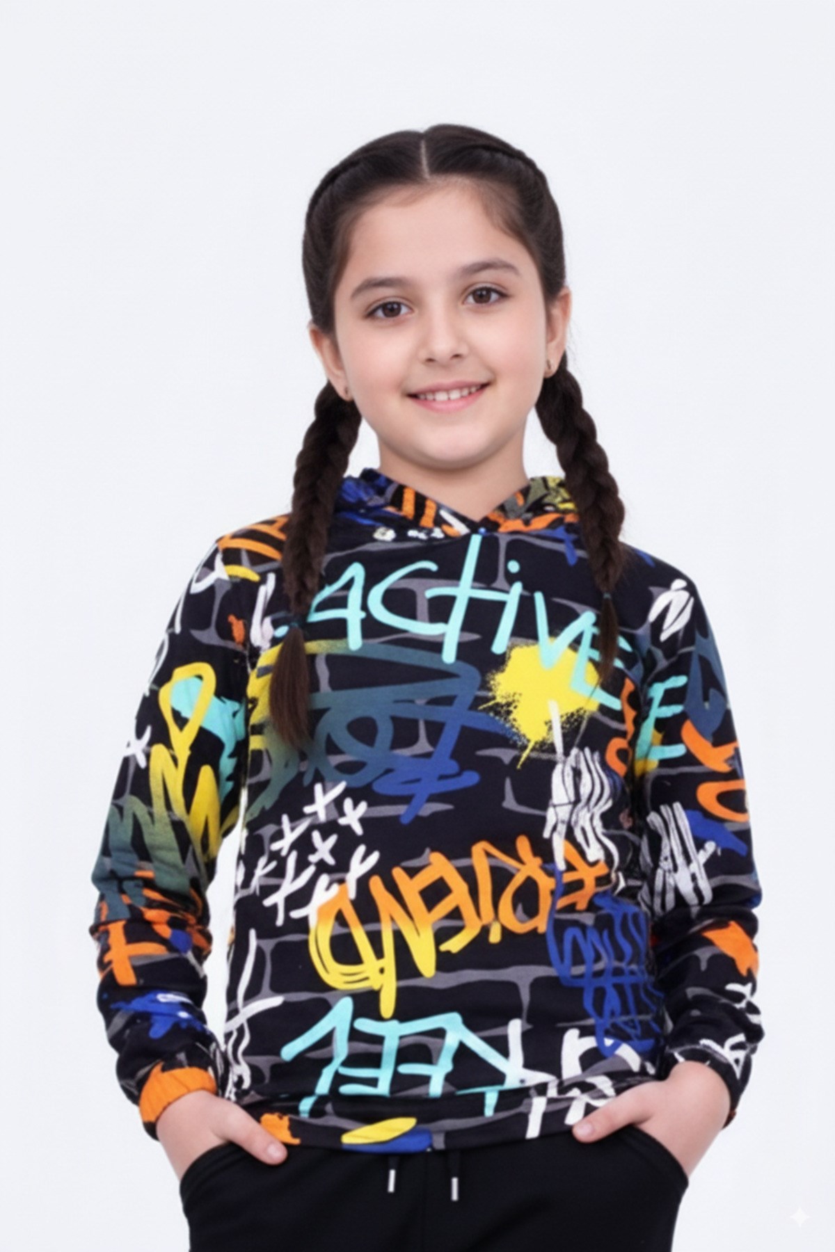 KAPÜŞONLU DESENLİ KIZ ÇOCUK SWEATSHİRT