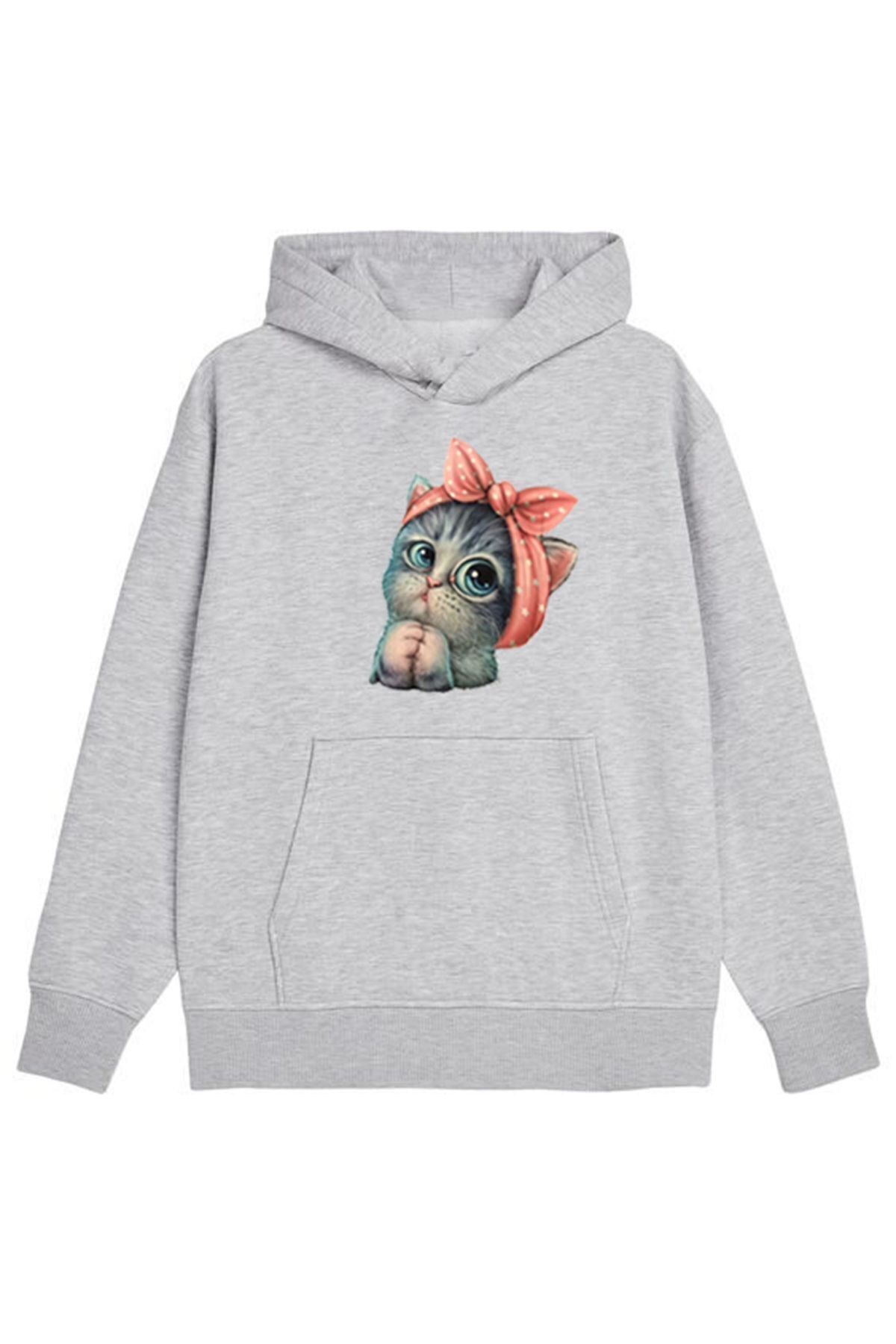KAPÜŞONLU KEDİ BASKILI SWEATSHİRT