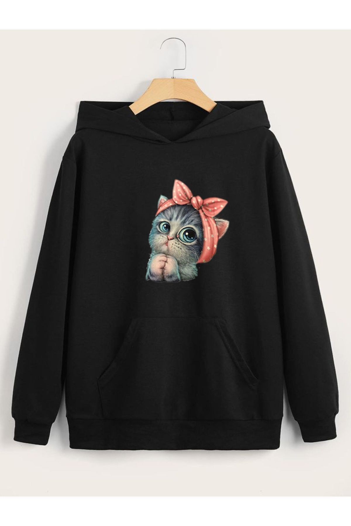 KAPÜŞONLU KEDİ BASKILI SWEATSHİRT