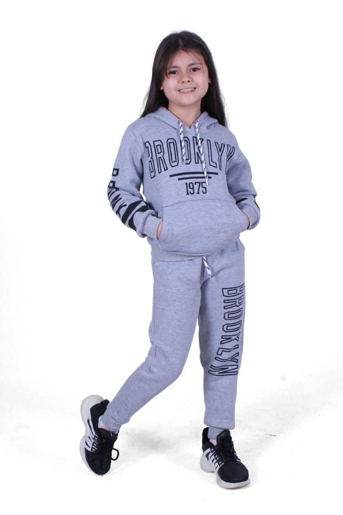 Kids 3 Iplik Içi Pamuklu Kalın Brooklyn Yazı Baskılı Kapşonlu Kız Takımı