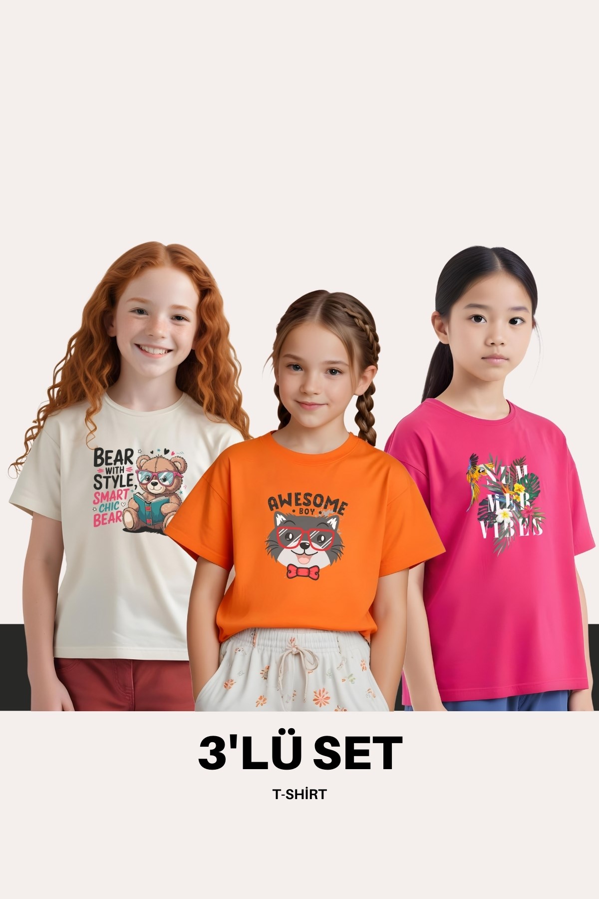 KIZ ÇOCUK 3'LÜ HAPPİNES- HONEY-SASSY BASKILI TİŞÖRT