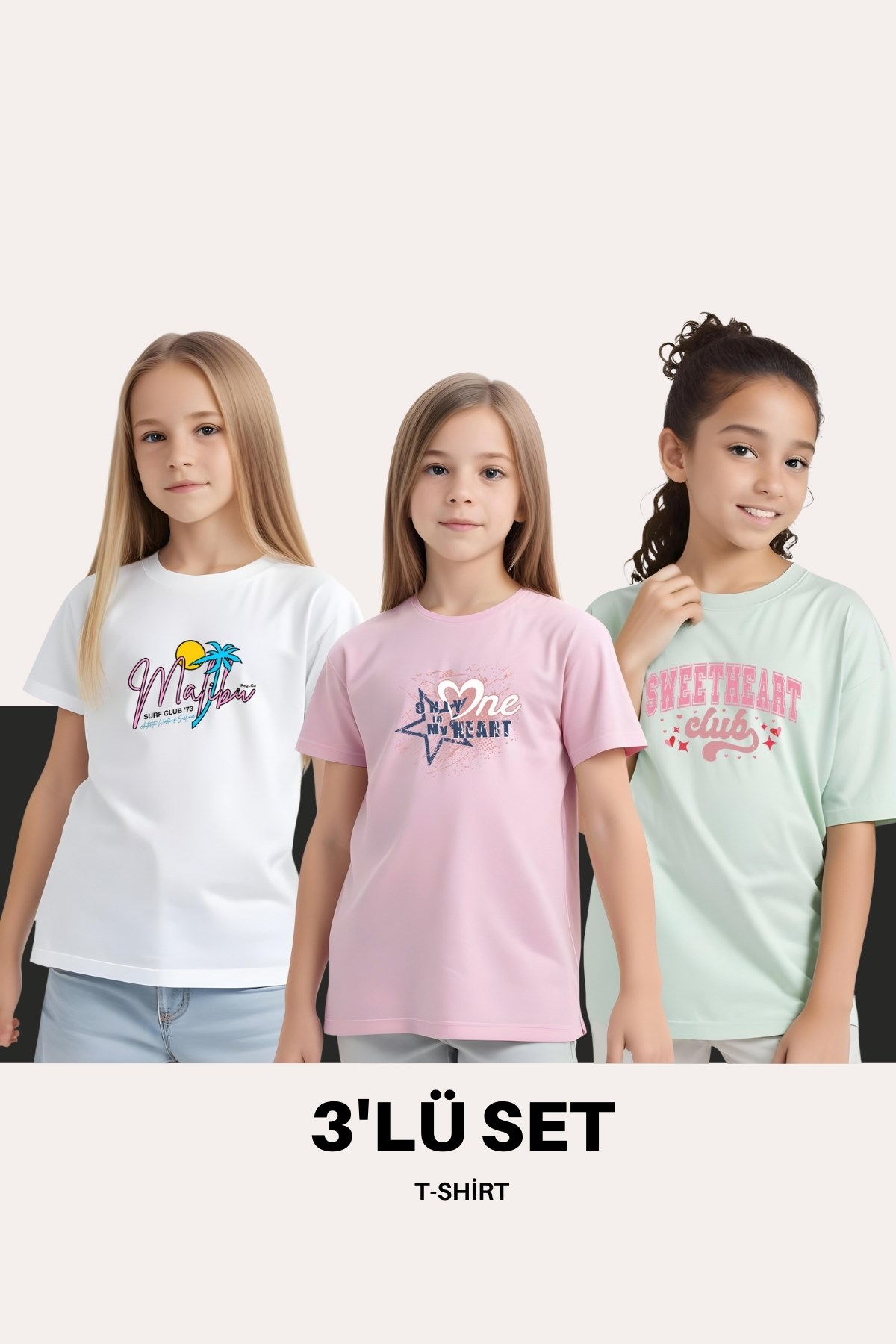 KIZ ÇOCUK 3'LÜ HAPPİNES- HONEY-SASSY BASKILI TİŞÖRT