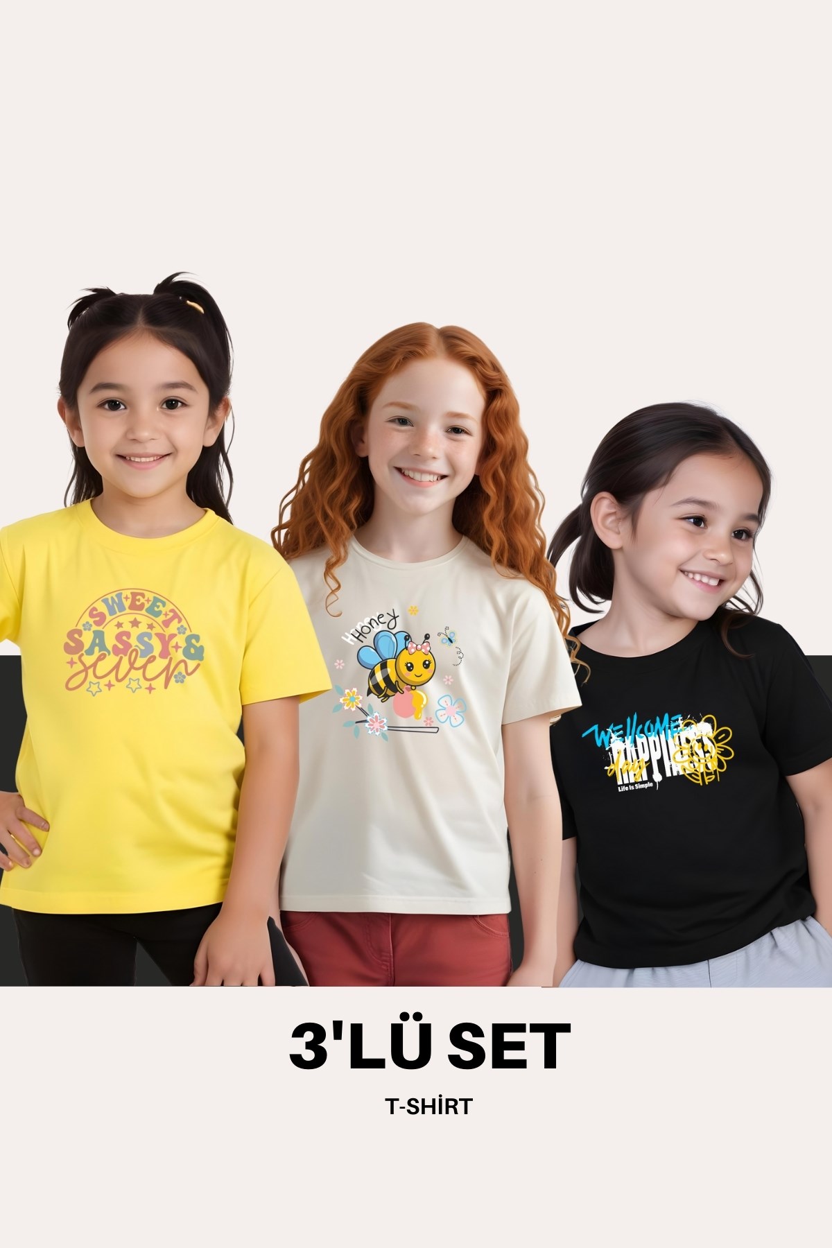 KIZ ÇOCUK 3'LÜ HAPPİNES- HONEY-SASSY BASKILI TİŞÖRT