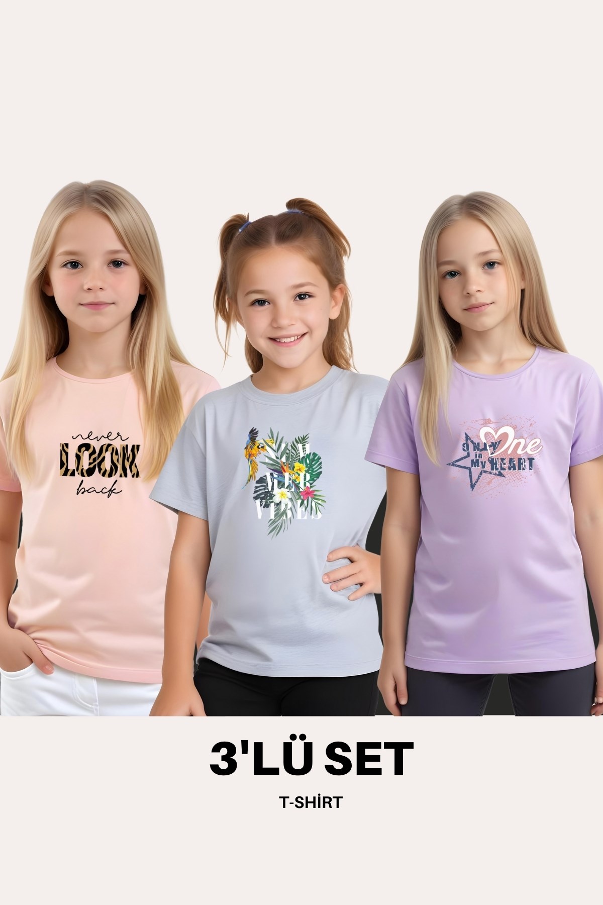 KIZ ÇOCUK 3'LÜ HAPPİNES- HONEY-SASSY BASKILI TİŞÖRT