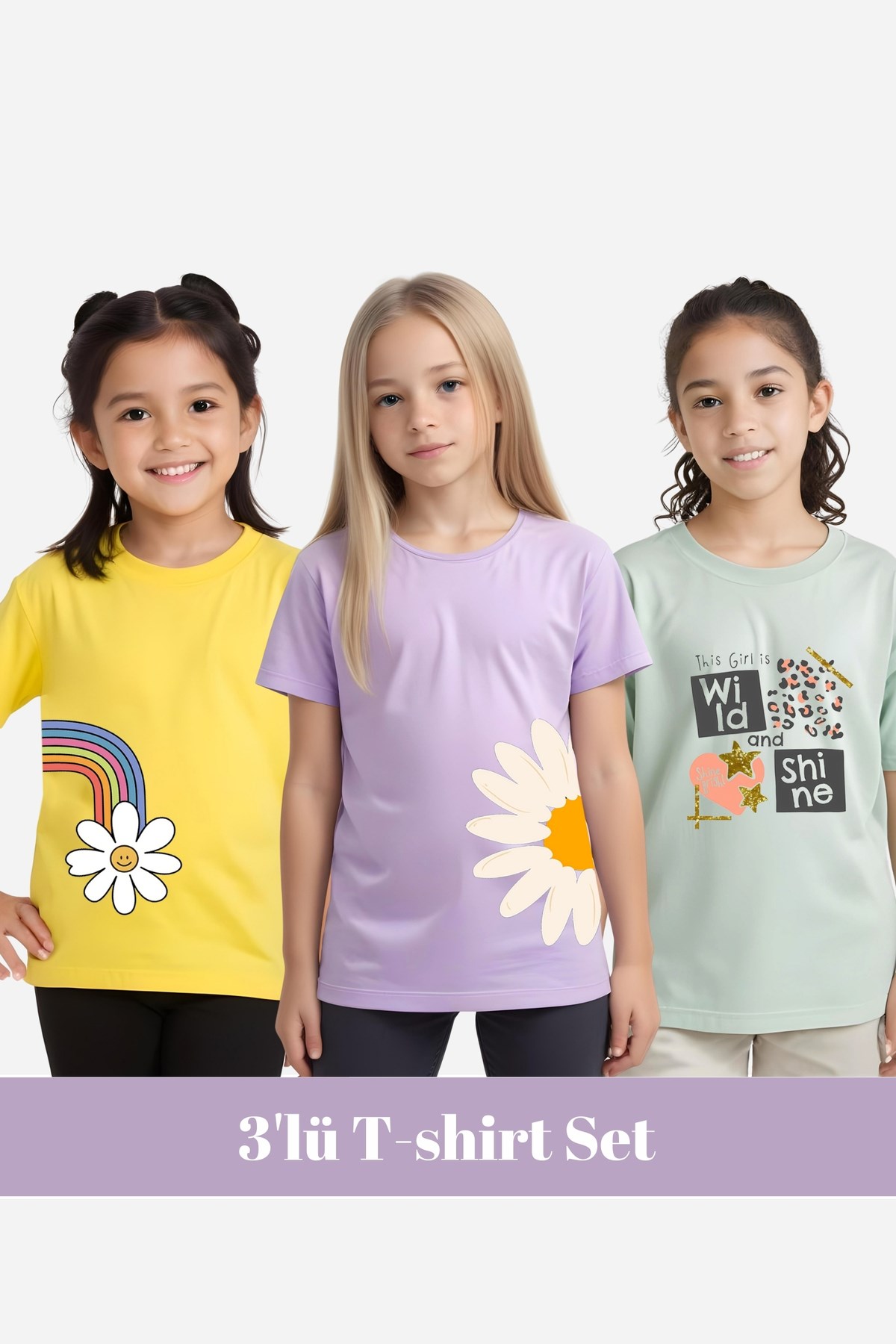 KIZ ÇOCUK 3'LÜ - Papatya-Girls Baskılı Tişört