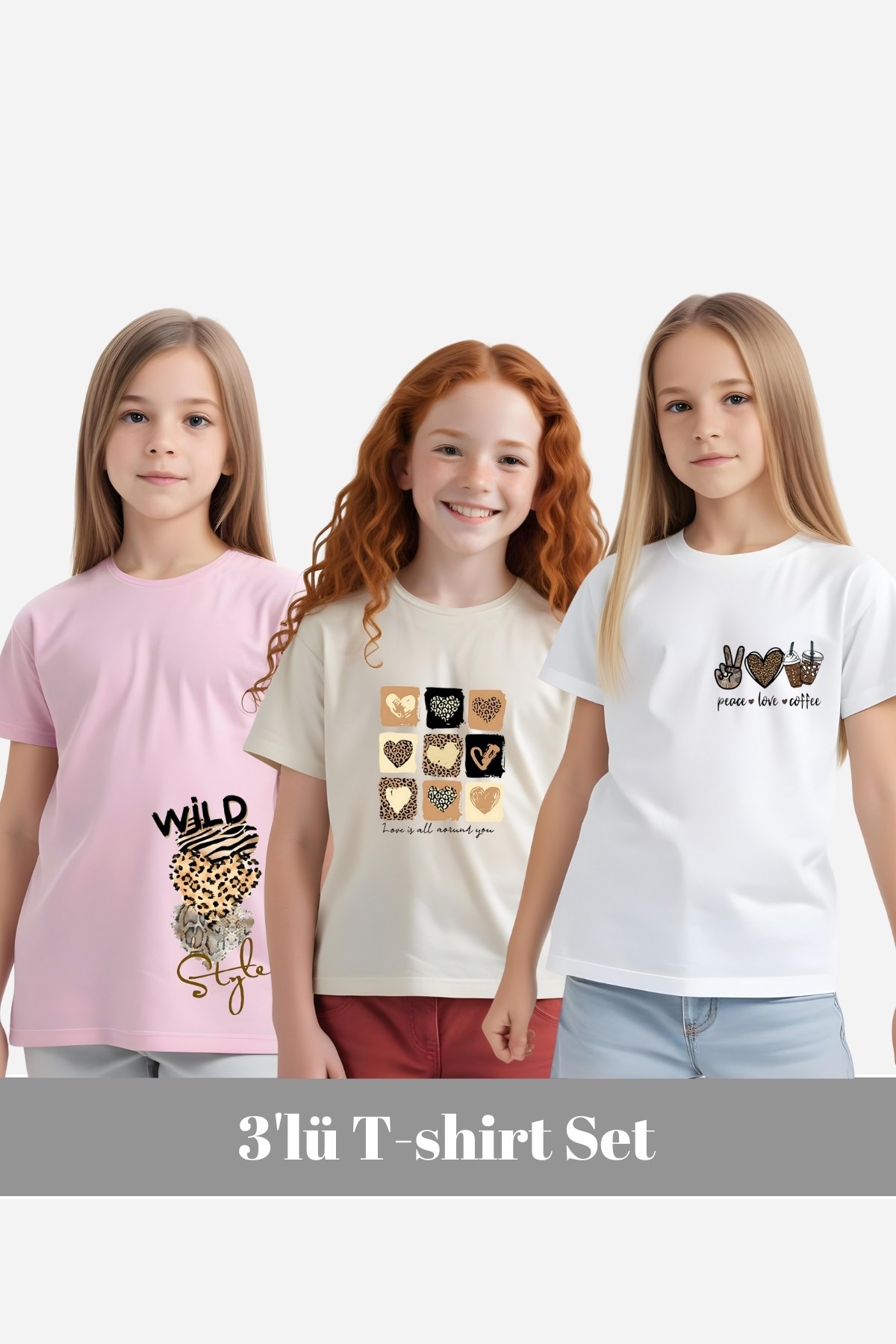 KIZ ÇOCUK 3'LÜ - WİLD-LOVE-COFFEE BASKILI TİŞÖRT