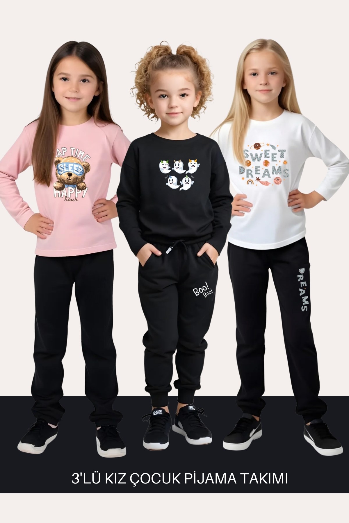 Kız Çocuk 3'lü Yuvarlak Yaka Sweat Dreams Baski Detayli Alt-üst Pijama Takimi