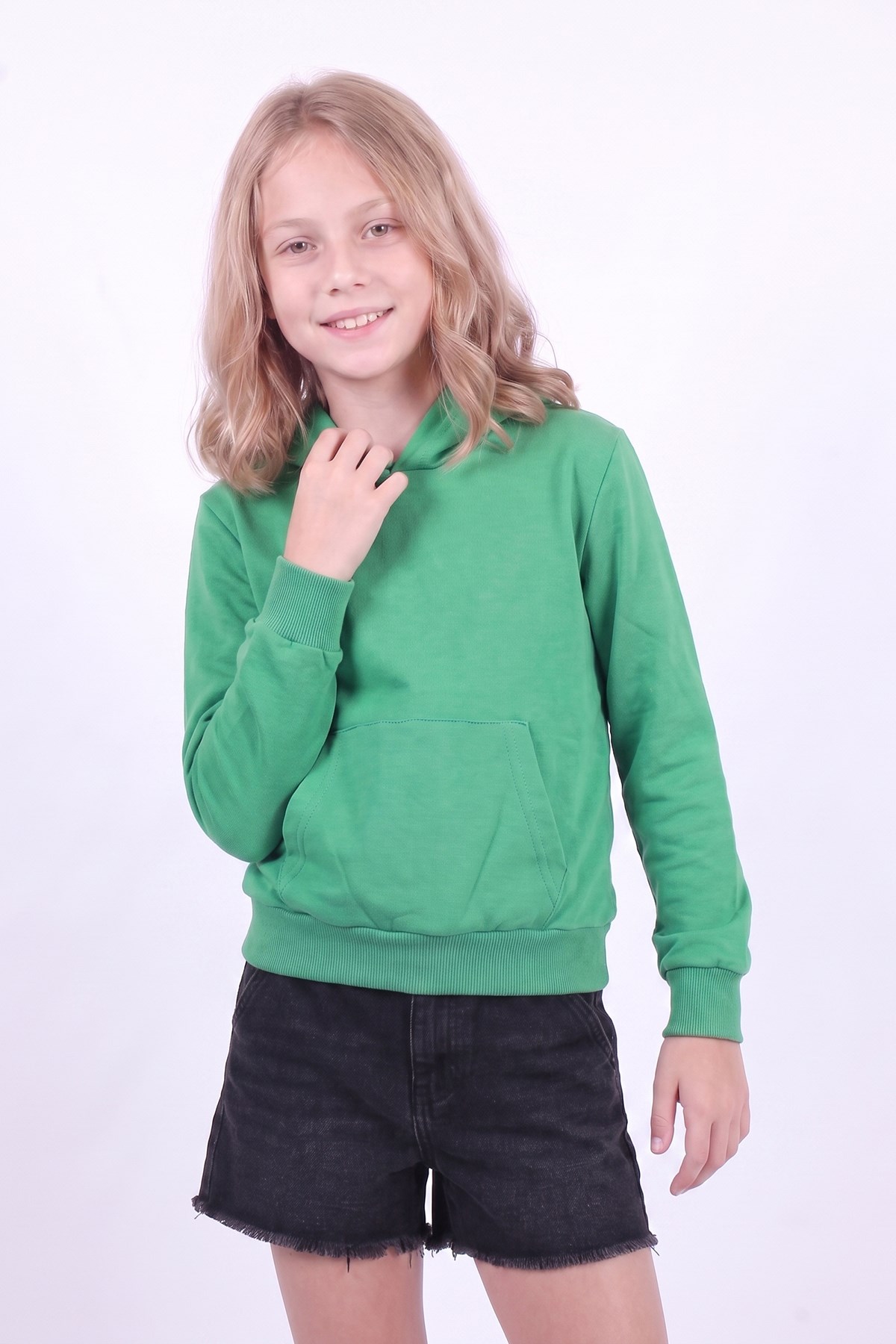 Kız Çocuk Basic Düz Kanguru Cepli Kapüşonlu Sweatshirt