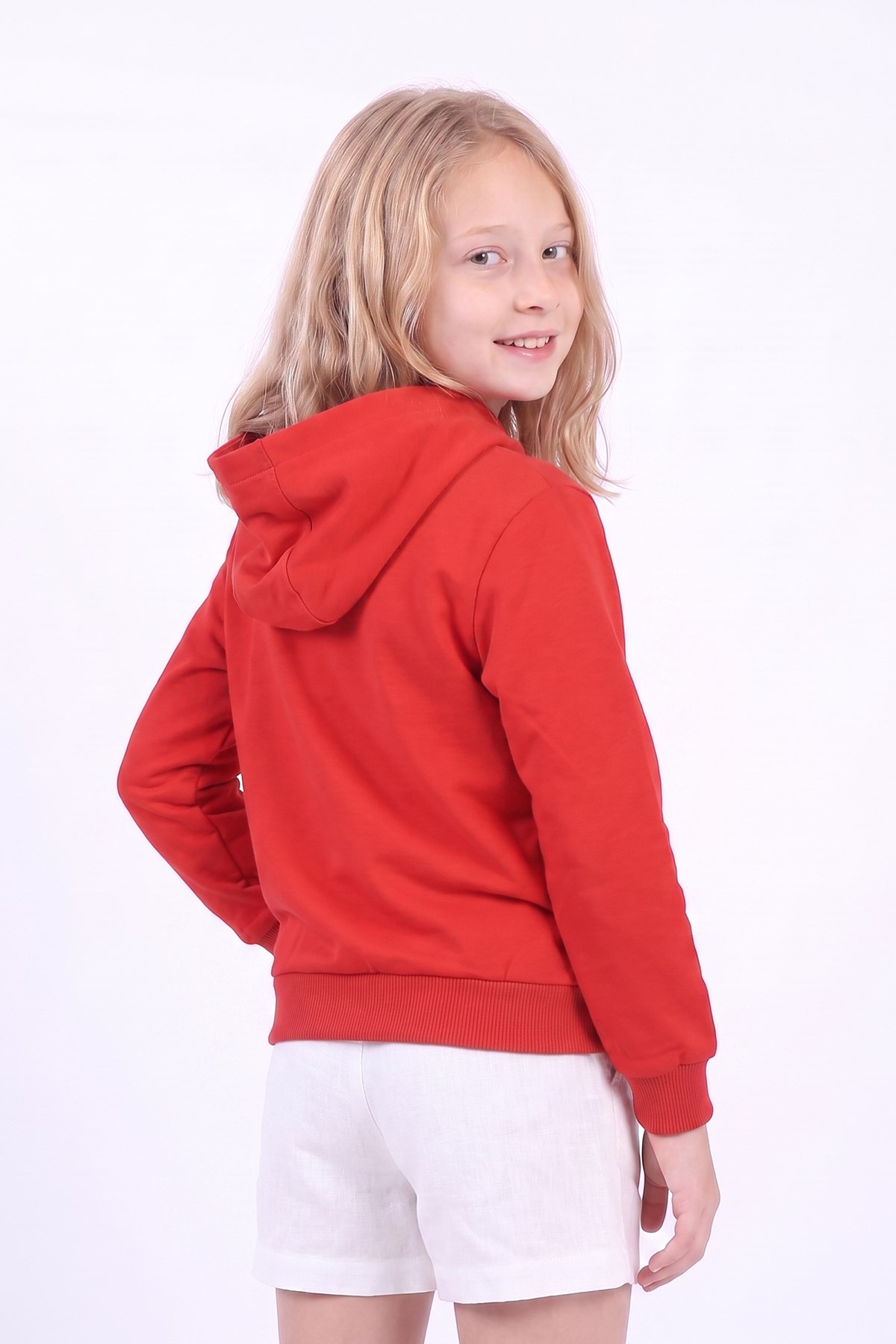 Kız Çocuk Basic Düz Kanguru Cepli Kapüşonlu Sweatshirt