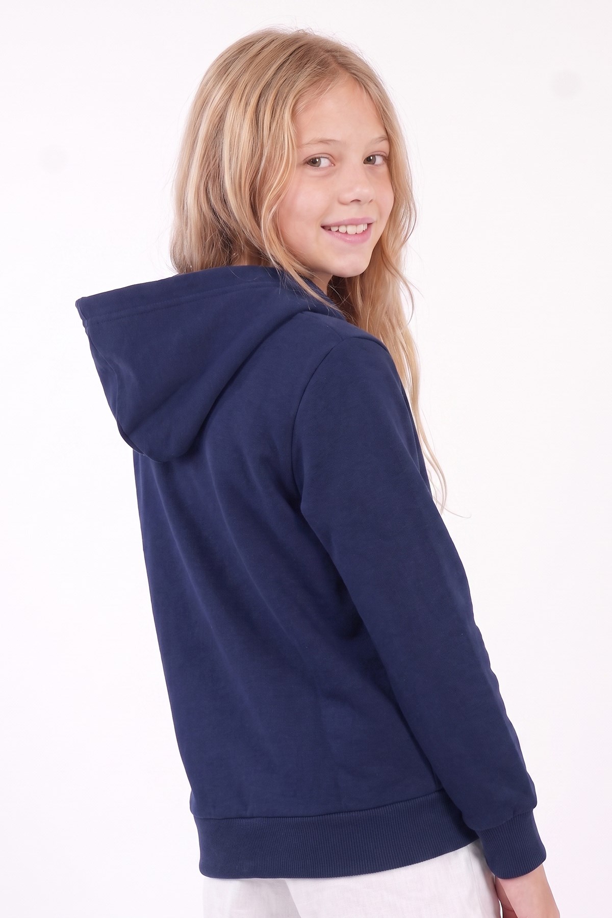 Kız Çocuk Basic Düz Kanguru Cepli Kapüşonlu Sweatshirt