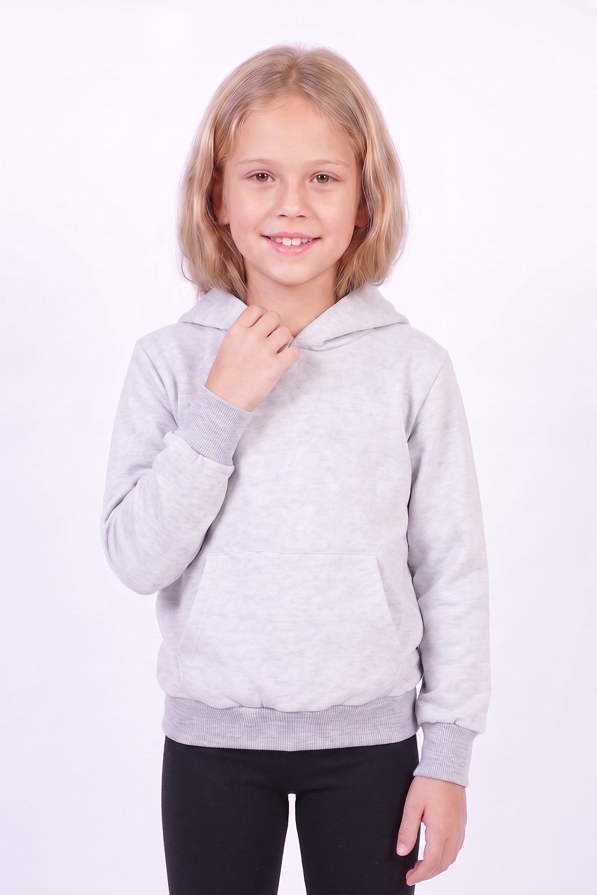 Kız Çocuk Basic Düz Kanguru Cepli Kapüşonlu Sweatshirt